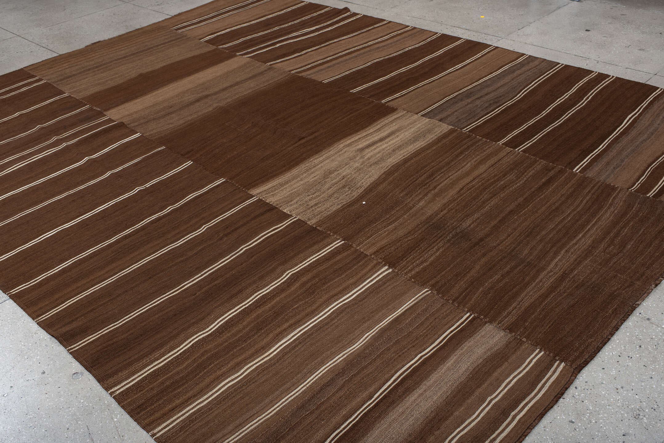 9' x 12' one-of-a-kind handmade vintage Kilim large size rug. Color palette: brown, taupe, camel, ivory, beige, gray