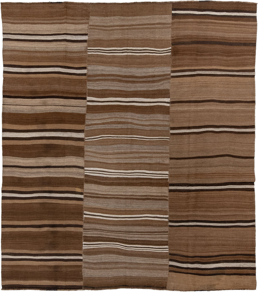 8' x 9' one-of-a-kind handmade vintage Kilim rug. Color palette: brown, taupe, camel, ivory, espresso, beige, gray, black