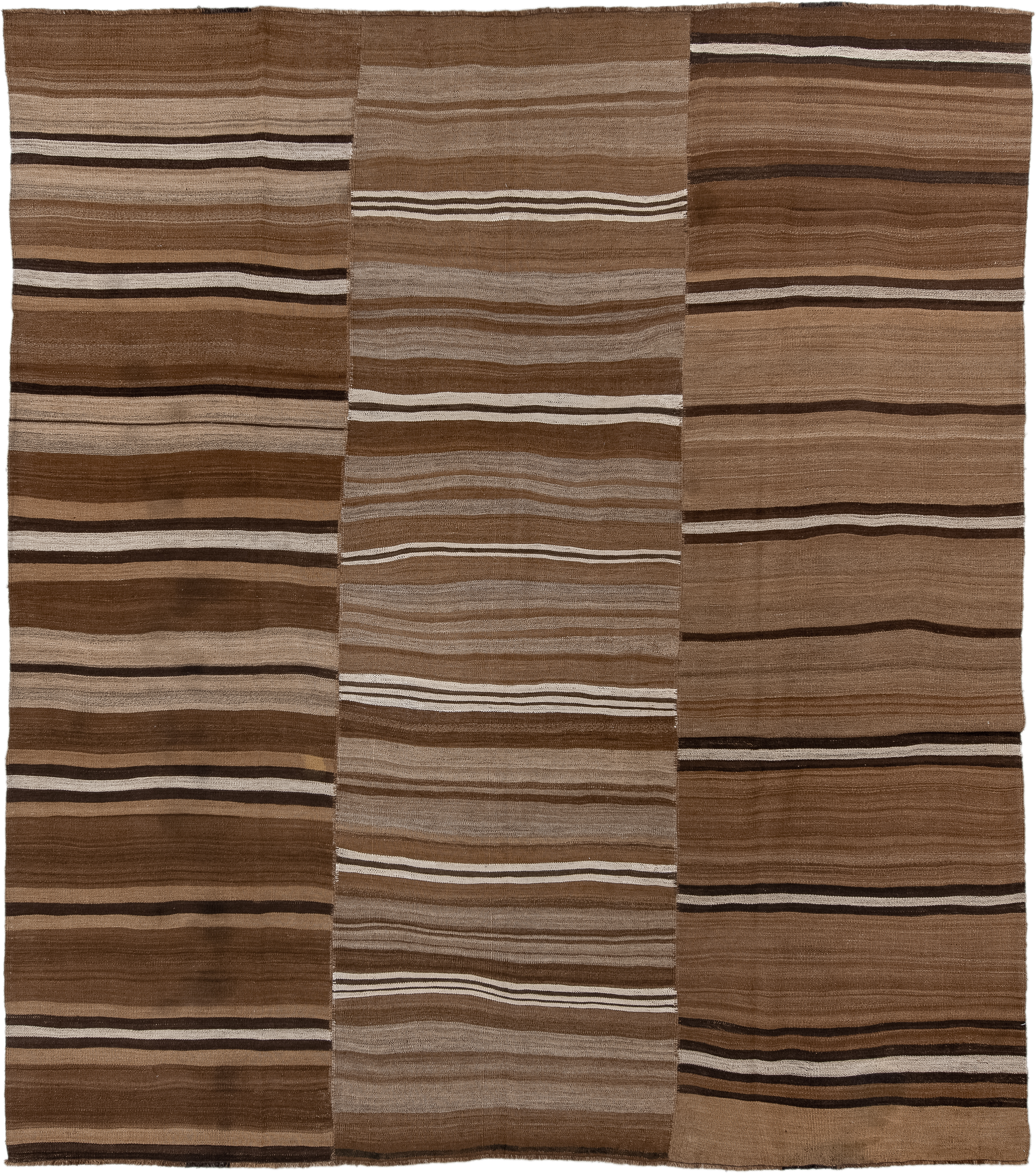 8' x 9' one-of-a-kind handmade vintage Kilim rug. Color palette: brown, taupe, camel, ivory, espresso, beige, gray, black