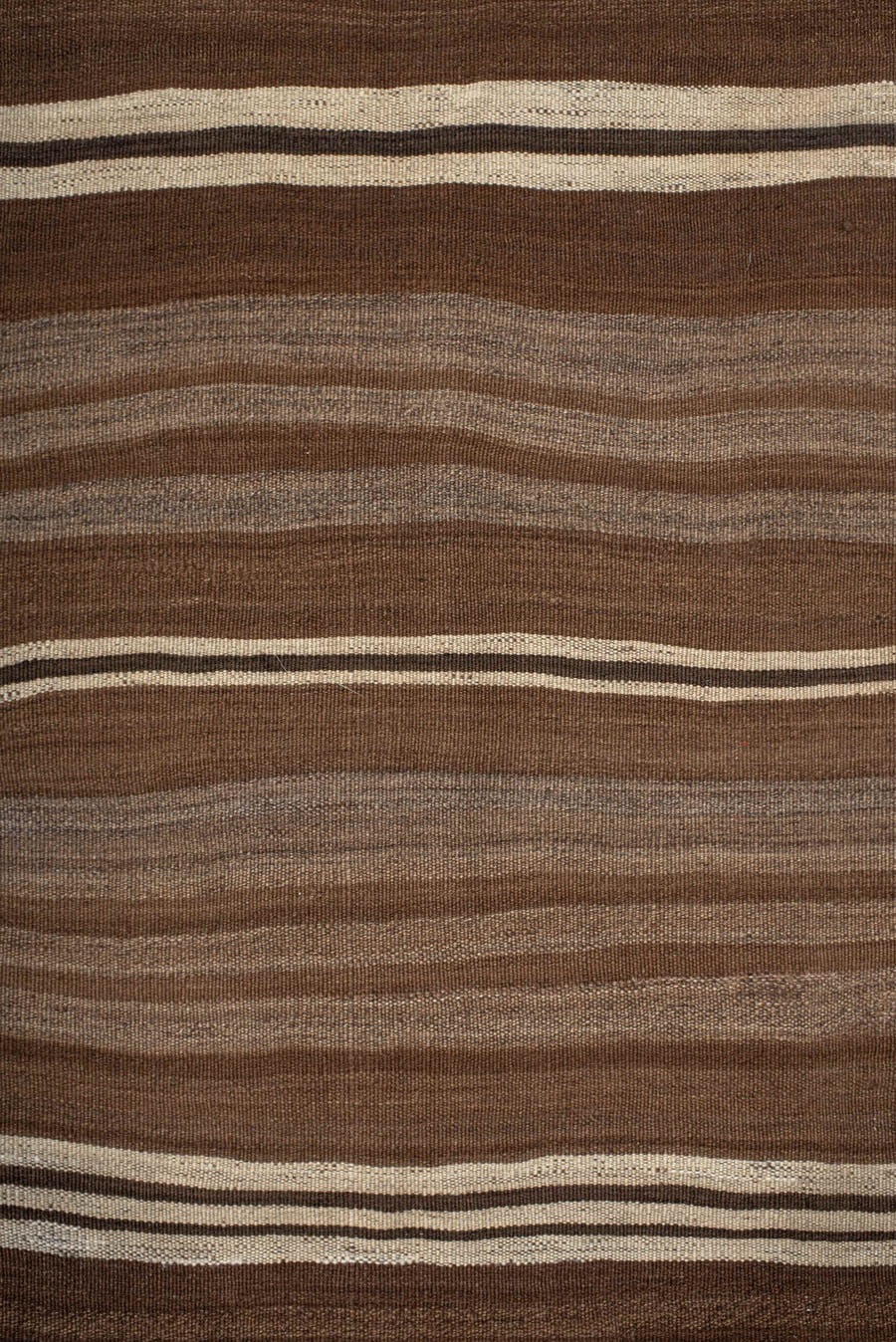 8' x 9' one-of-a-kind handmade vintage Kilim rug. Color palette: brown, taupe, camel, ivory, espresso, beige, gray, black