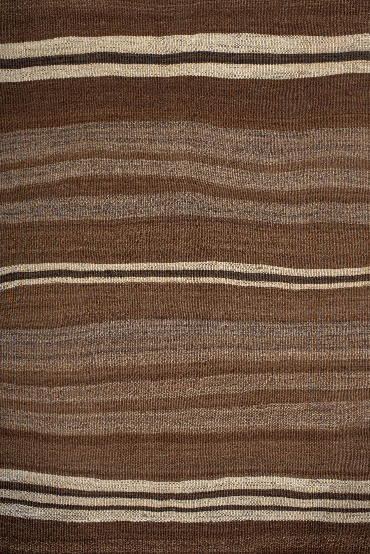 8' x 9' one-of-a-kind handmade vintage Kilim rug. Color palette: brown, taupe, camel, ivory, espresso, beige, gray, black