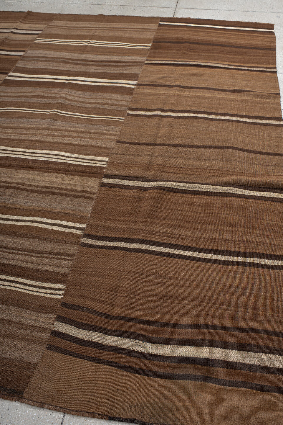 8' x 9' one-of-a-kind handmade vintage Kilim rug. Color palette: brown, taupe, camel, ivory, espresso, beige, gray, black