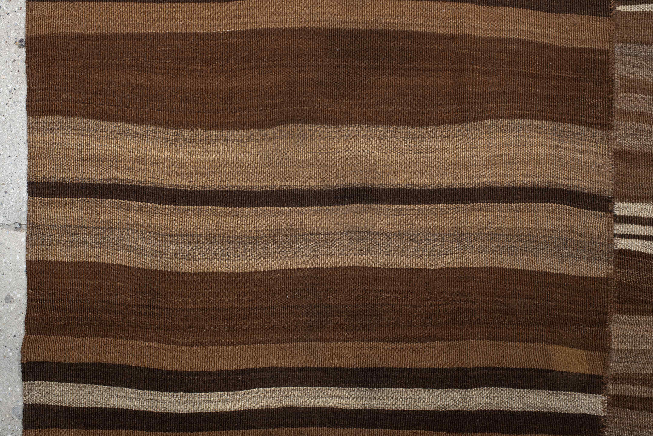 8' x 9' one-of-a-kind handmade vintage Kilim rug. Color palette: brown, taupe, camel, ivory, espresso, beige, gray, black