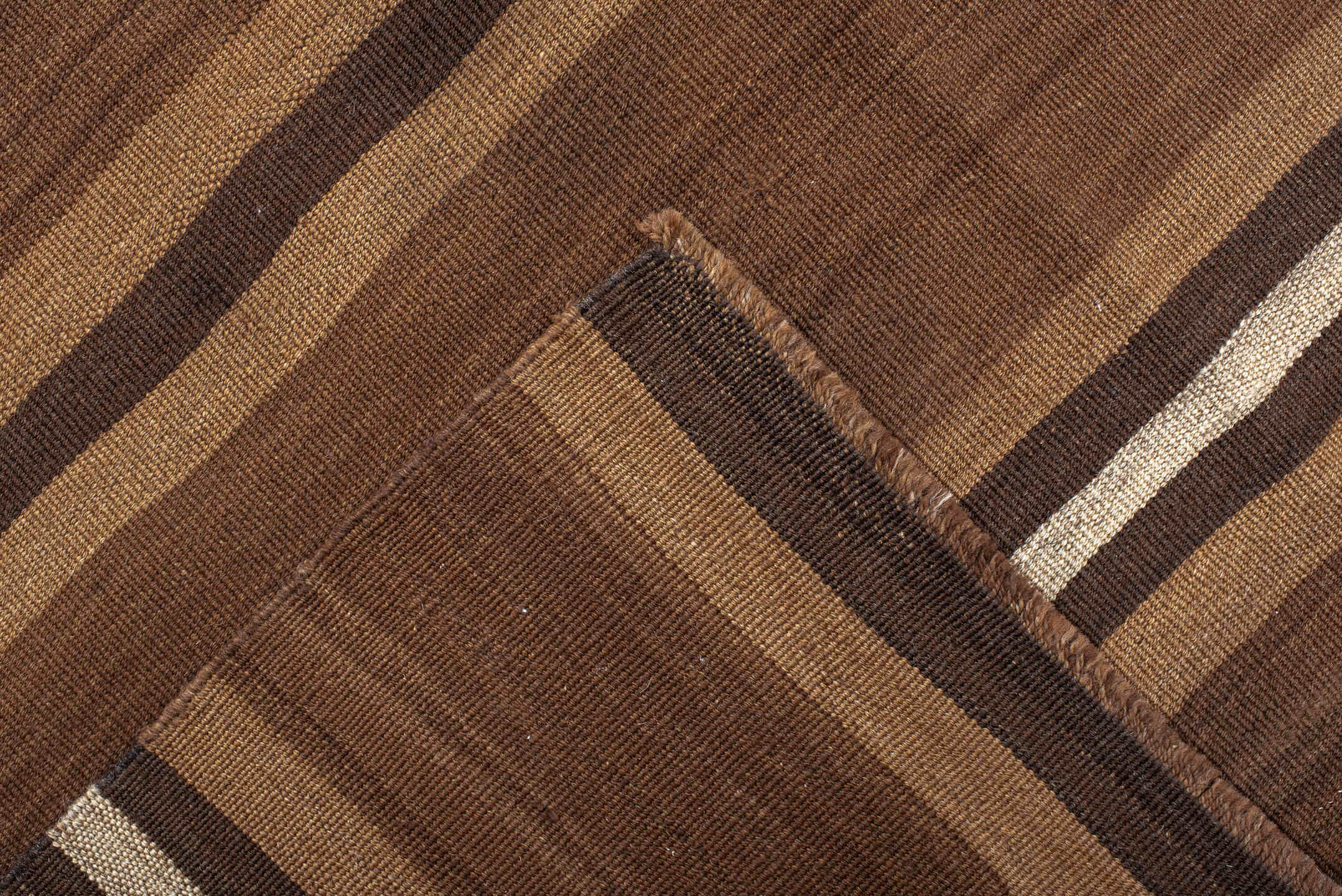 8' x 9' one-of-a-kind handmade vintage Kilim rug. Color palette: brown, taupe, camel, ivory, espresso, beige, gray, black