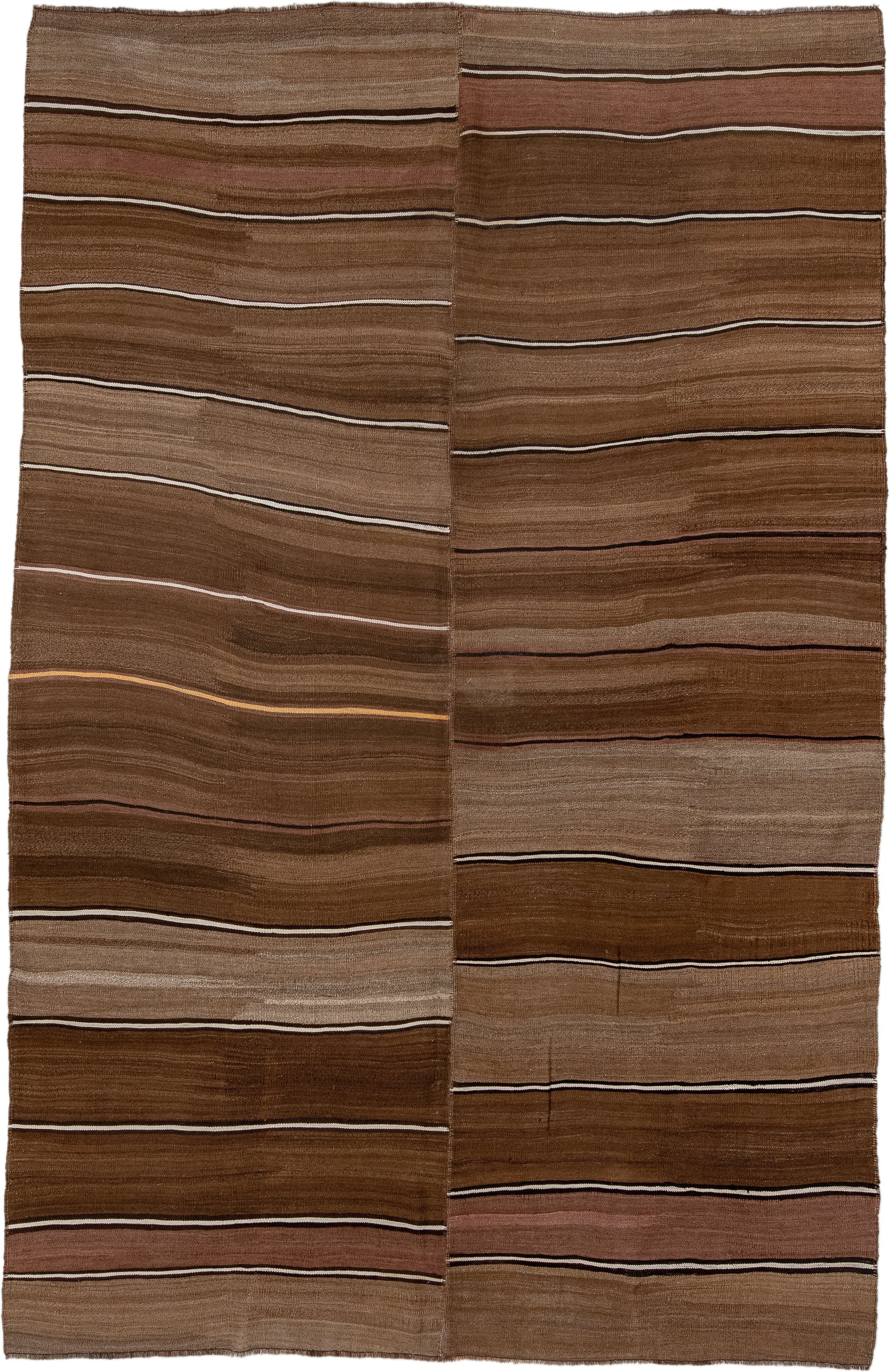 7' x 11' one-of-a-kind handmade vintage Kilim large size rug. Color palette: brown, taupe, camel, ivory, rose, charcoal