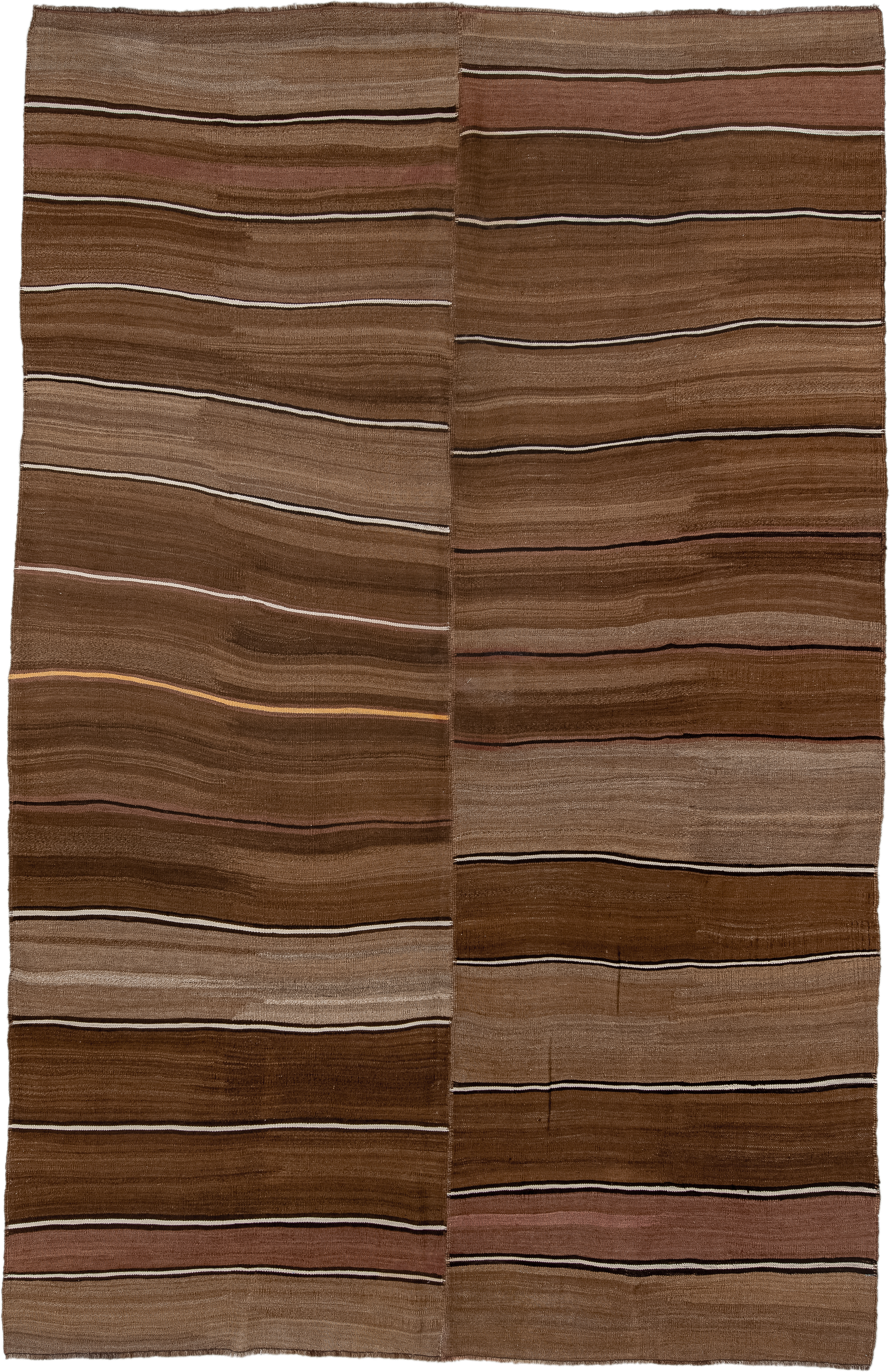 7' x 11' one-of-a-kind handmade vintage Kilim large size rug. Color palette: brown, taupe, camel, ivory, rose, charcoal