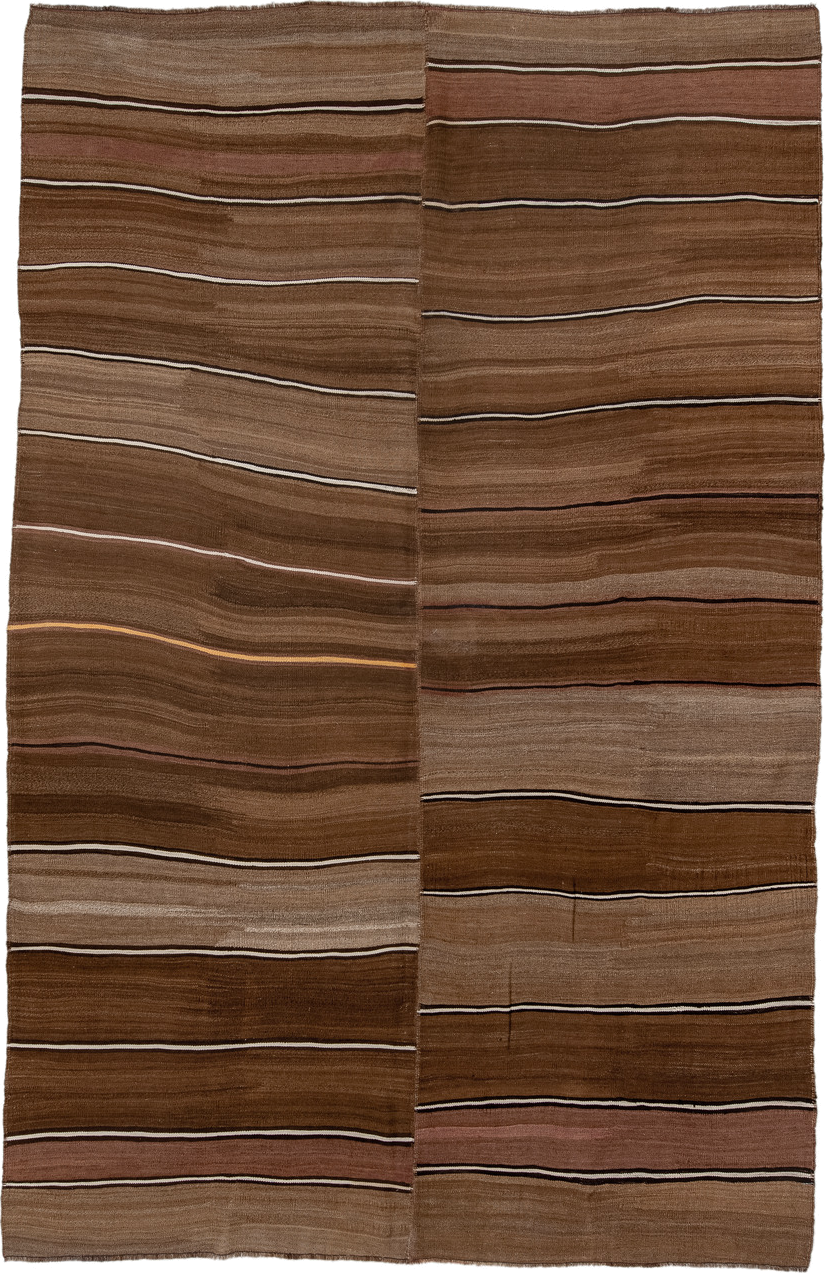 7' x 11' one-of-a-kind handmade vintage Kilim large size rug. Color palette: brown, taupe, camel, ivory, rose, charcoal