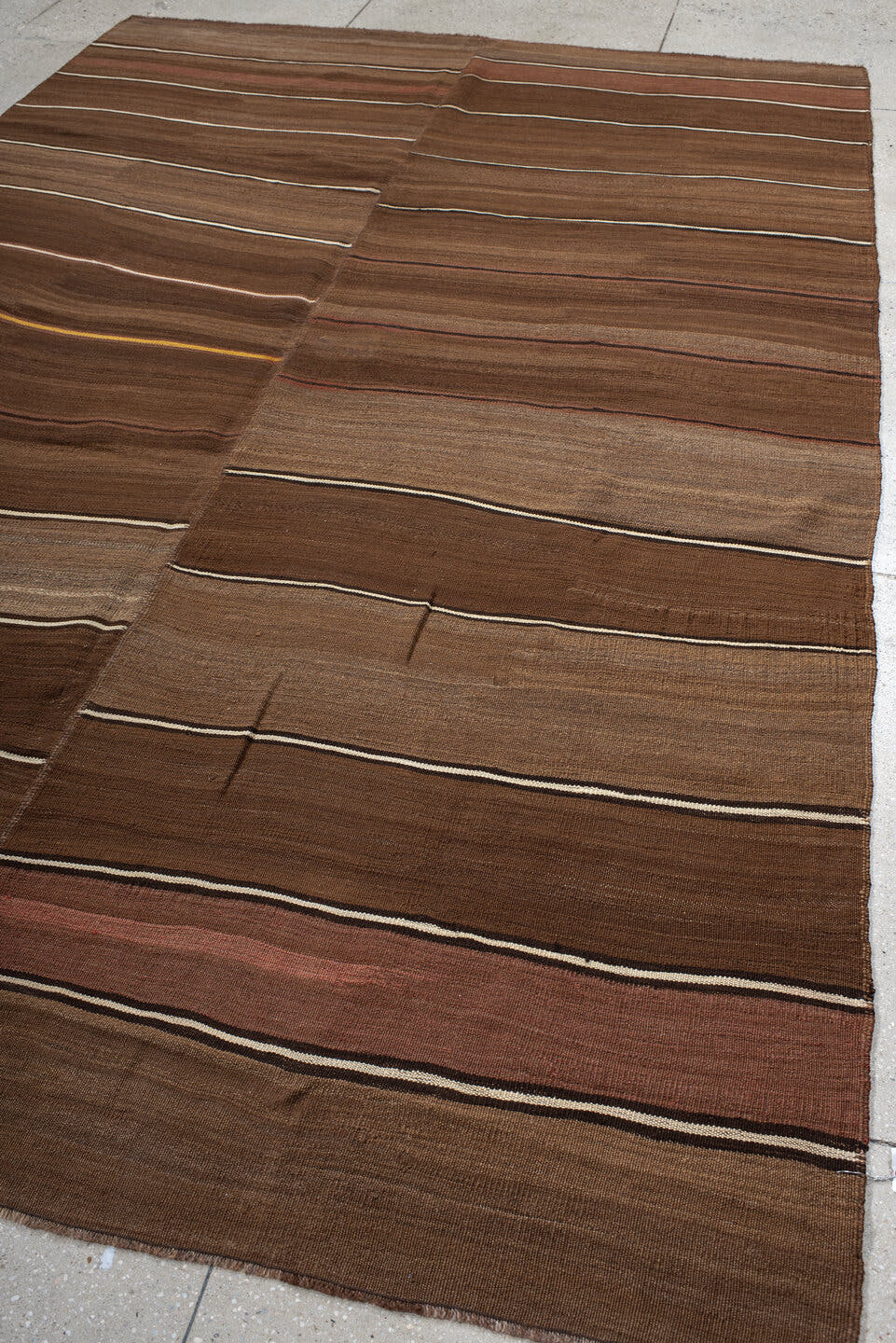 7' x 11' one-of-a-kind handmade vintage Kilim large size rug. Color palette: brown, taupe, camel, ivory, rose, charcoal