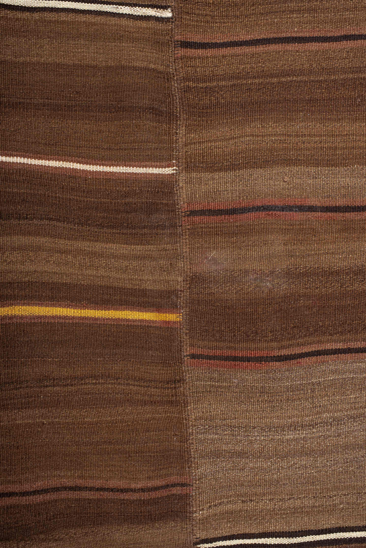 7' x 11' one-of-a-kind handmade vintage Kilim large size rug. Color palette: brown, taupe, camel, ivory, rose, charcoal