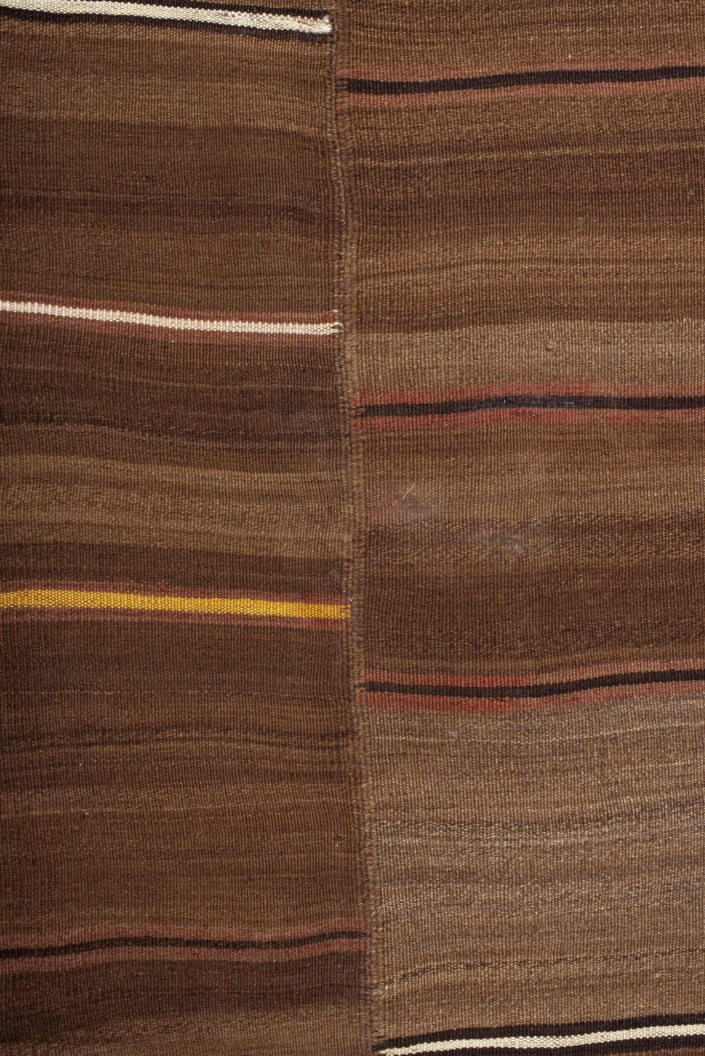 7' x 11' one-of-a-kind handmade vintage Kilim large size rug. Color palette: brown, taupe, camel, ivory, rose, charcoal