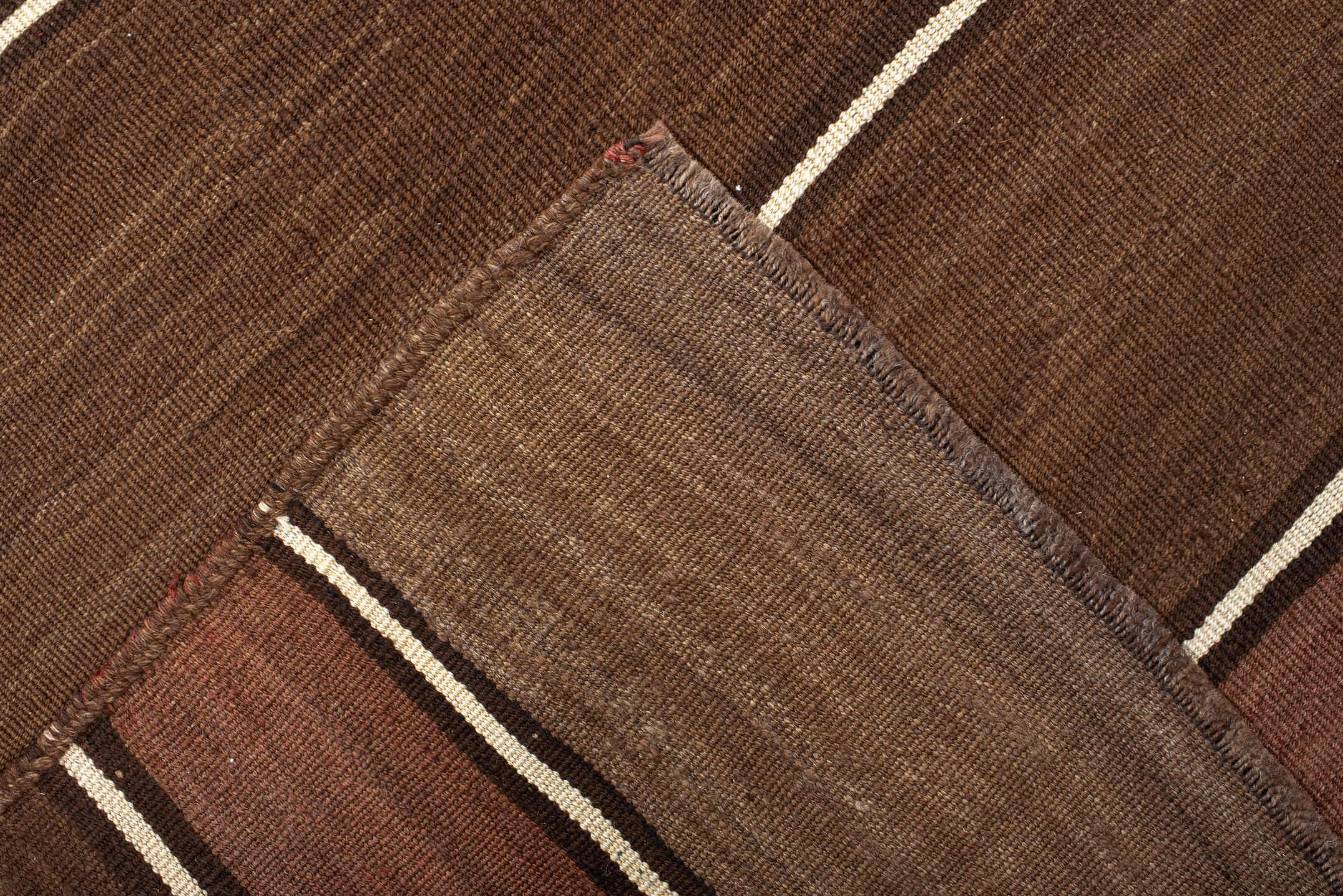 7' x 11' one-of-a-kind handmade vintage Kilim large size rug. Color palette: brown, taupe, camel, ivory, rose, charcoal