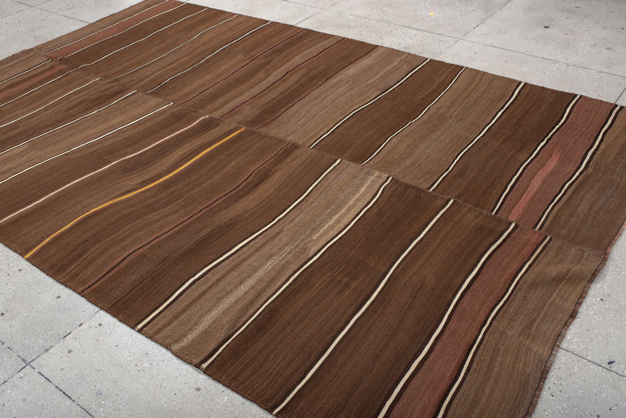 7' x 11' one-of-a-kind handmade vintage Kilim large size rug. Color palette: brown, taupe, camel, ivory, rose, charcoal