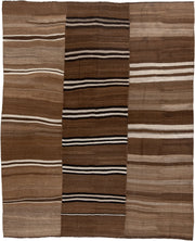 8' x 10' one-of-a-kind handmade vintage Kilim large size rug. Color palette: brown, taupe, ivory, camel, charcoal, beige