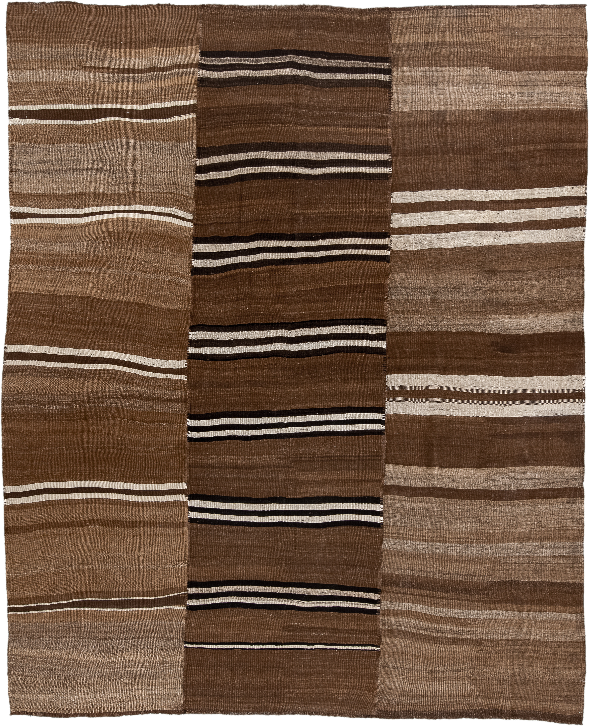 8' x 10' one-of-a-kind handmade vintage Kilim large size rug. Color palette: brown, taupe, ivory, camel, charcoal, beige