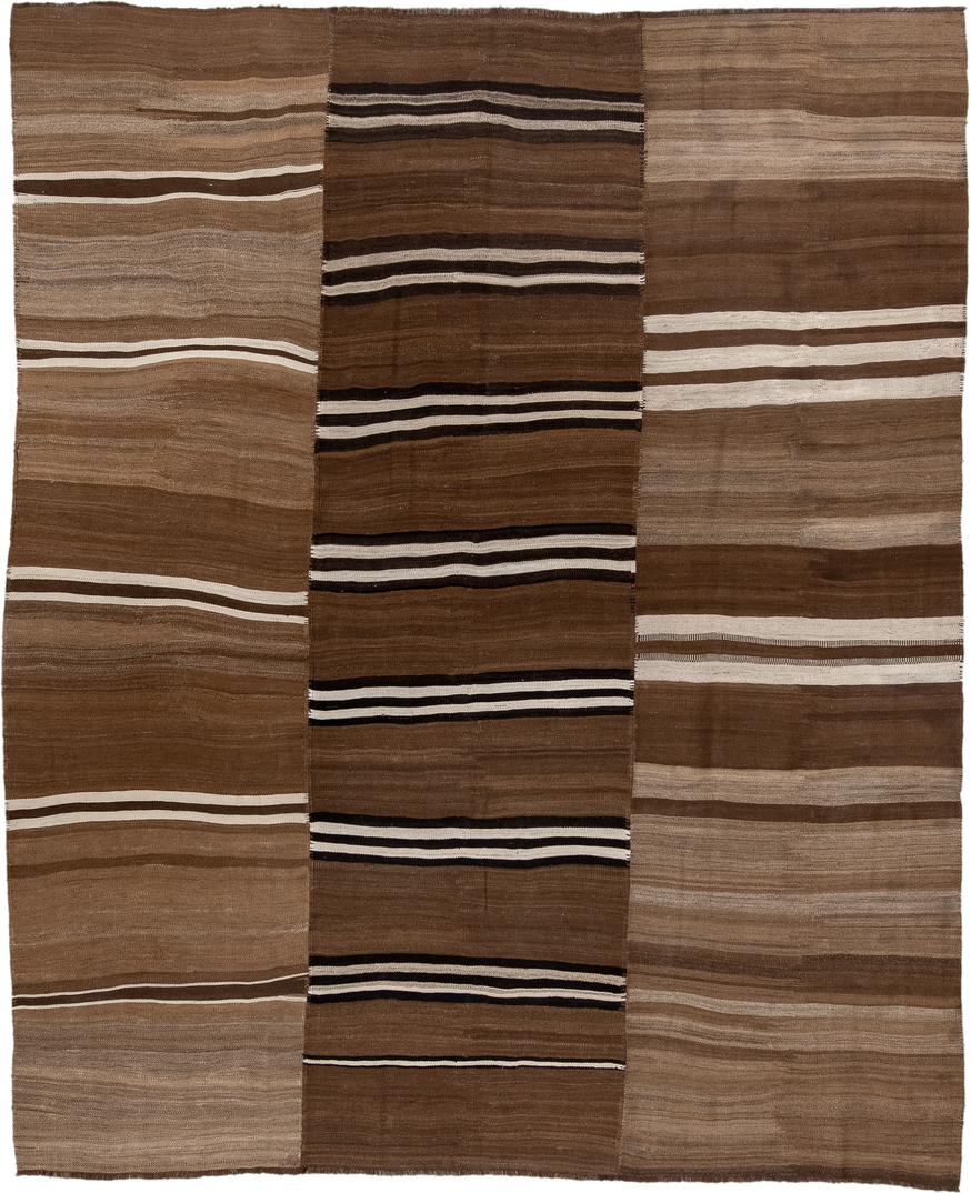 8' x 10' one-of-a-kind handmade vintage Kilim large size rug. Color palette: brown, taupe, ivory, camel, charcoal, beige