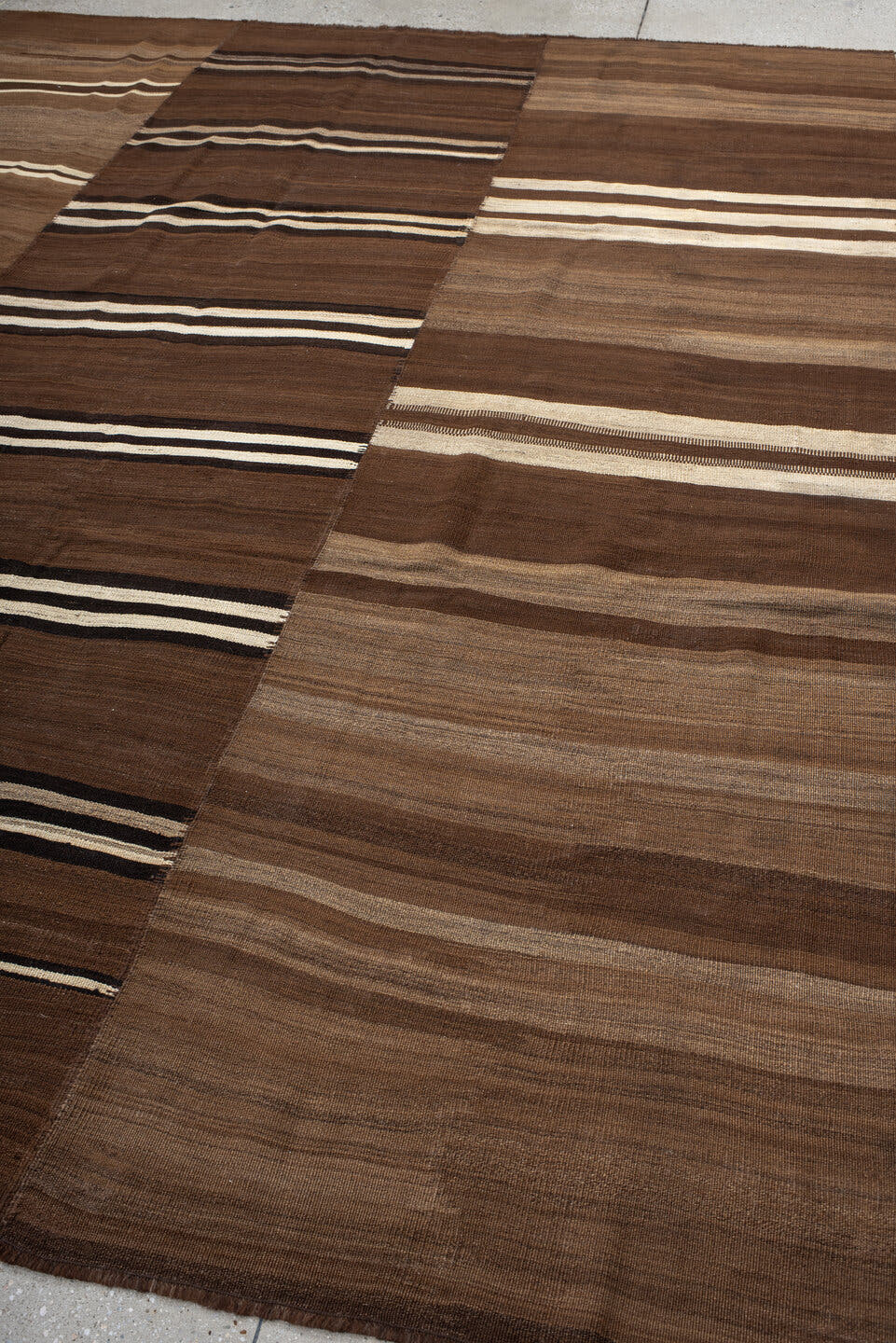 8' x 10' one-of-a-kind handmade vintage Kilim large size rug. Color palette: brown, taupe, ivory, camel, charcoal, beige
