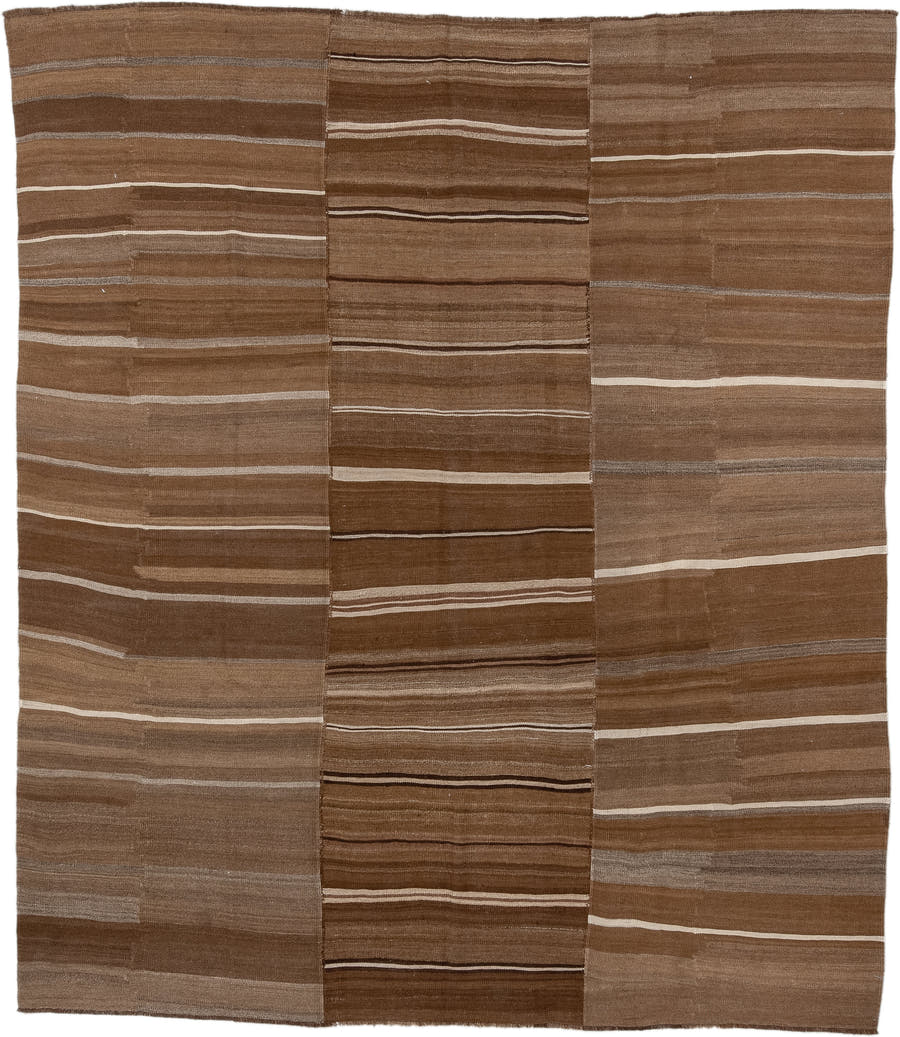 9' x 10' one-of-a-kind handmade vintage Kilim large size rug. Color palette: brown, taupe, camel, ivory, charcoal, beige