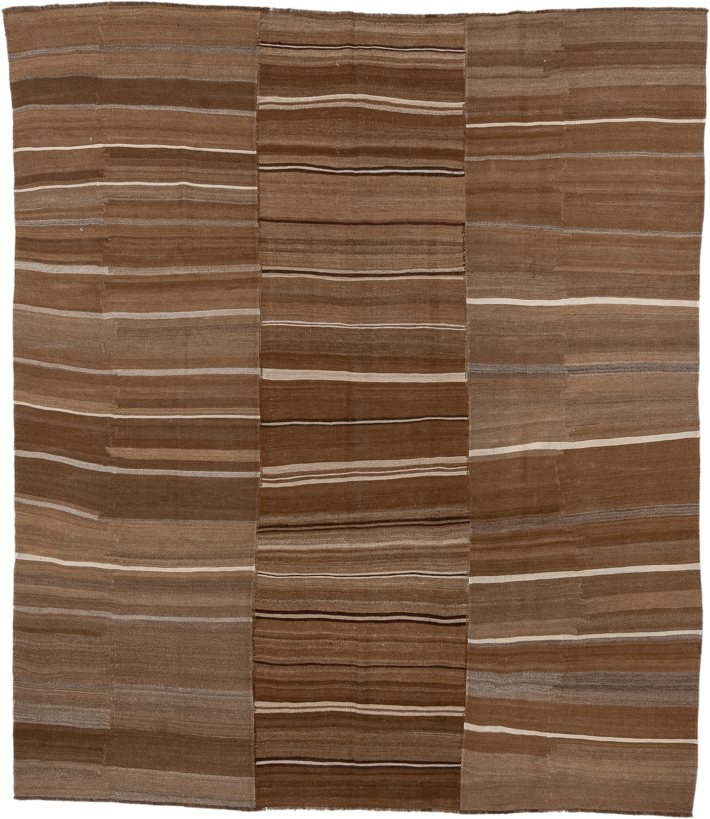 9' x 10' one-of-a-kind handmade vintage Kilim large size rug. Color palette: brown, taupe, camel, ivory, charcoal, beige