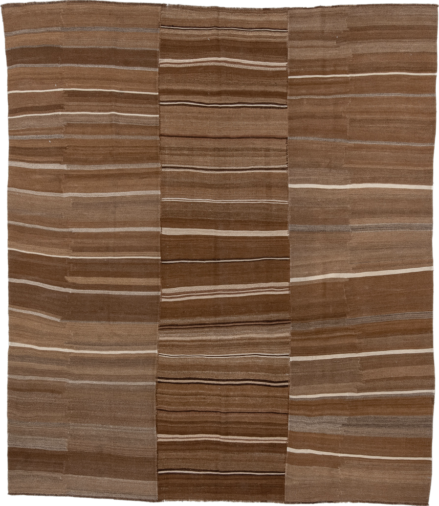 9' x 10' one-of-a-kind handmade vintage Kilim large size rug. Color palette: brown, taupe, camel, ivory, charcoal, beige