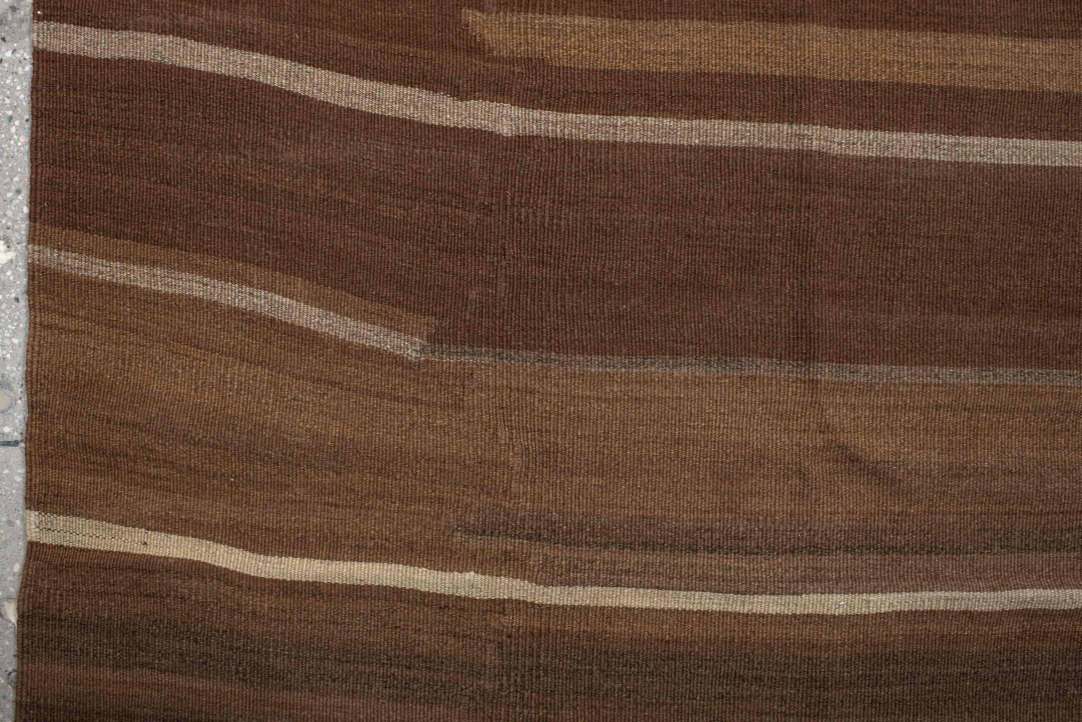 9' x 10' one-of-a-kind handmade vintage Kilim large size rug. Color palette: brown, taupe, camel, ivory, charcoal, beige