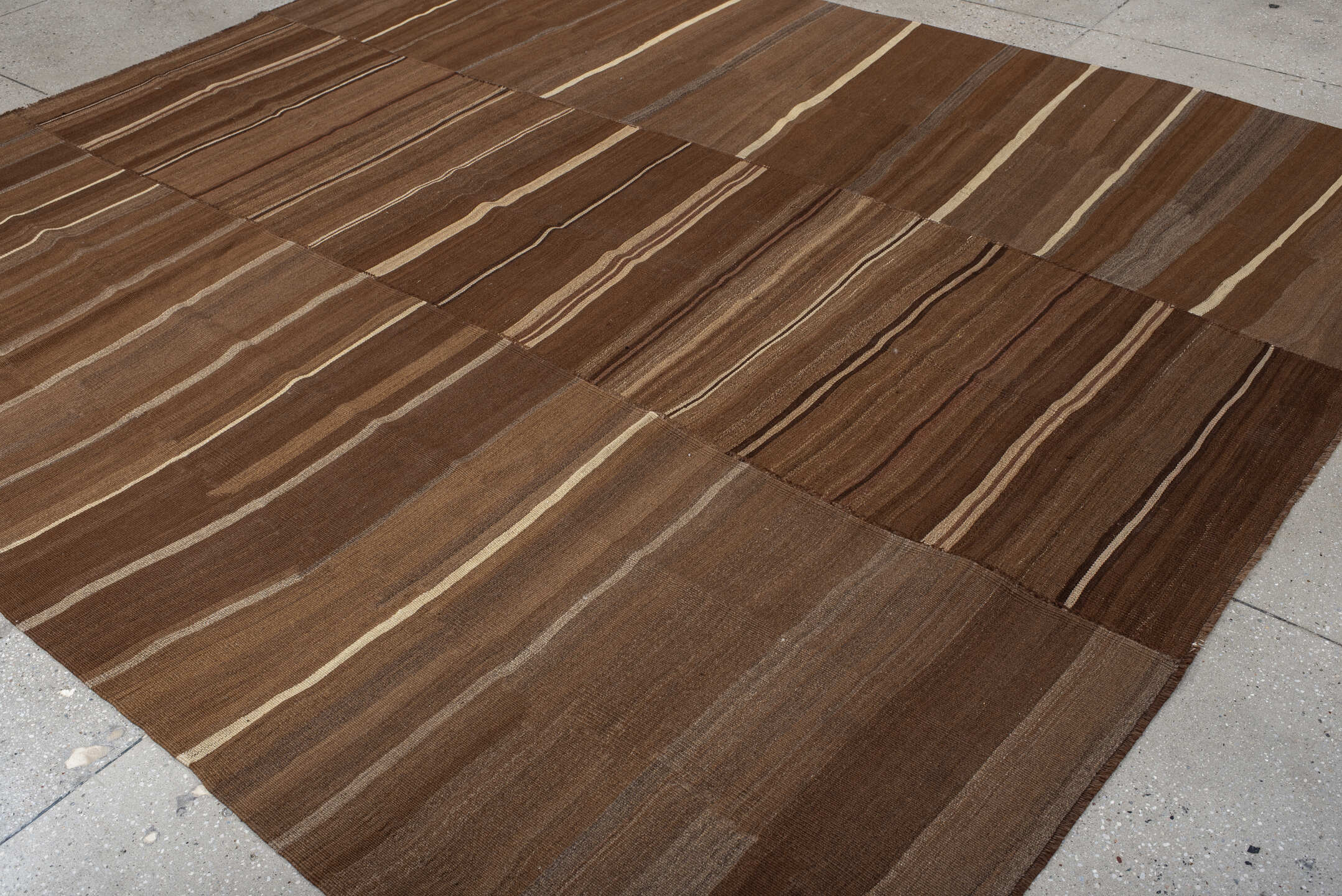 9' x 10' one-of-a-kind handmade vintage Kilim large size rug. Color palette: brown, taupe, camel, ivory, charcoal, beige