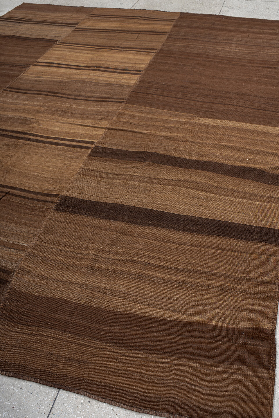 9' x 12' one-of-a-kind handmade vintage Kilim large size rug. Color palette: brown, gray