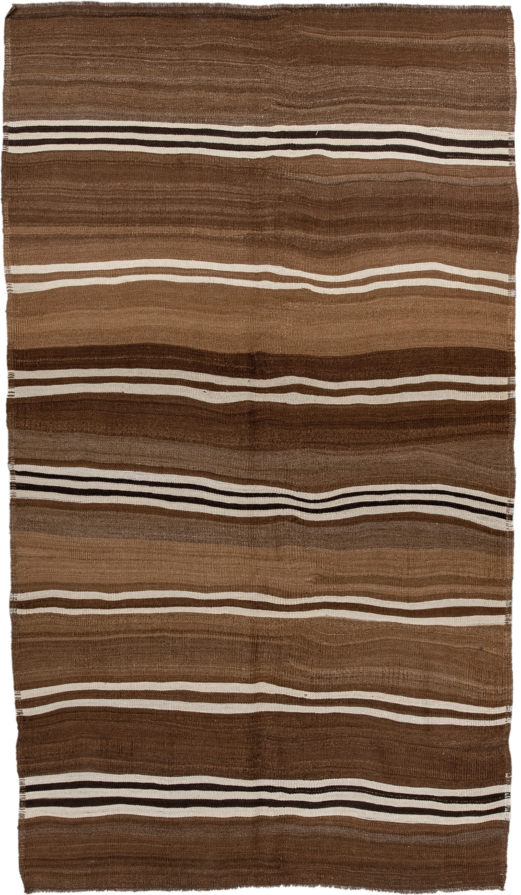 5' x 9' one-of-a-kind handmade vintage Kilim medium size rug. Color palette: brown, taupe, ivory, charcoal, camel, beige