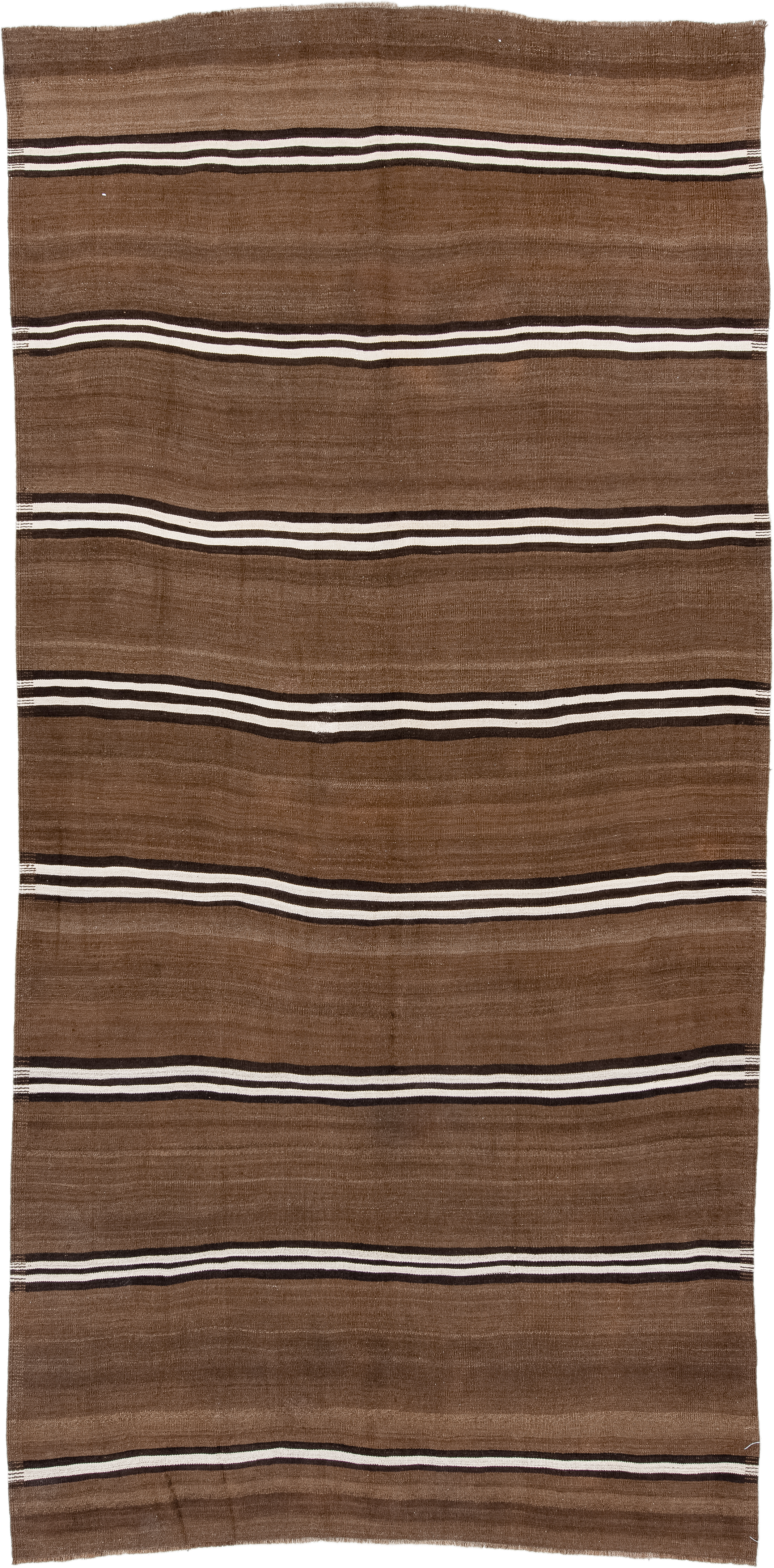 6' x 12' one-of-a-kind handmade vintage Kilim large size rug. Color palette: brown, ivory, dark_brown, taupe, beige, gray