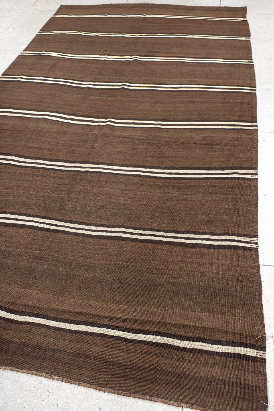 6' x 12' one-of-a-kind handmade vintage Kilim large size rug. Color palette: brown, ivory, dark_brown, taupe, beige, gray