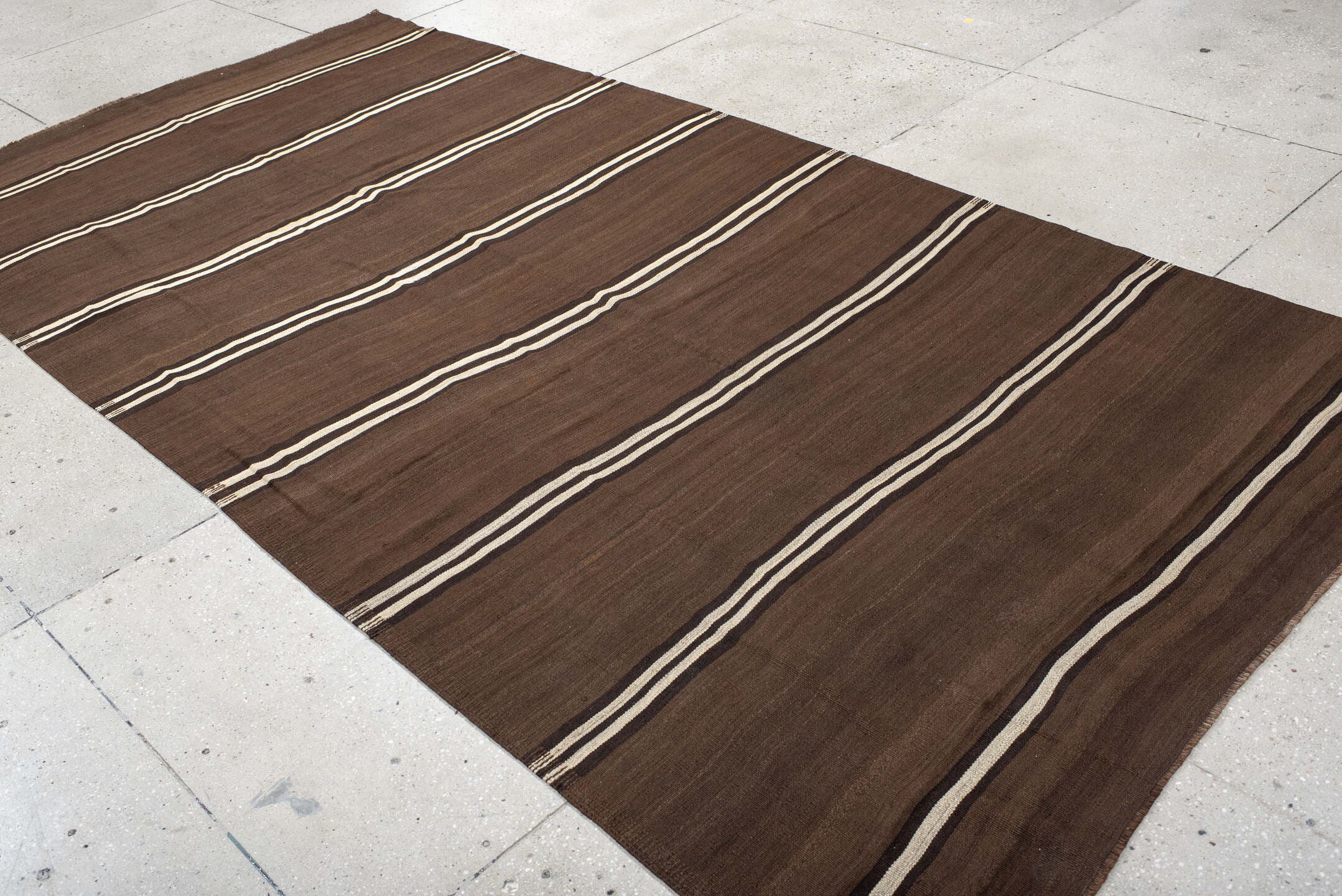 6' x 12' one-of-a-kind handmade vintage Kilim large size rug. Color palette: brown, ivory, dark_brown, taupe, beige, gray