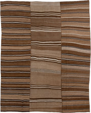 8' x 10' one-of-a-kind handmade vintage Kilim large size rug. Color palette: brown, taupe, camel, ivory, charcoal, beige