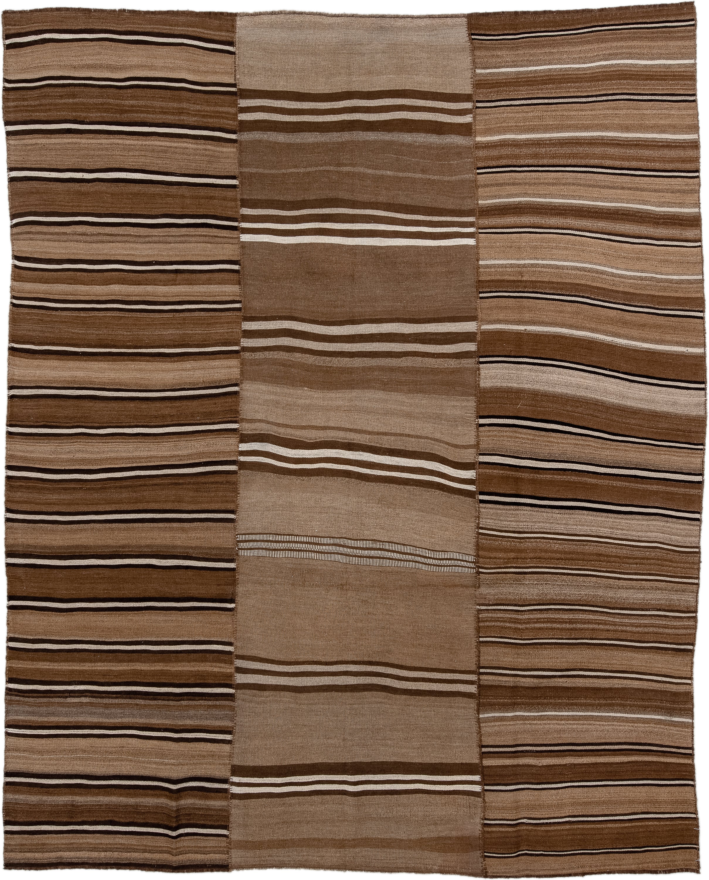 8' x 10' one-of-a-kind handmade vintage Kilim large size rug. Color palette: brown, taupe, camel, ivory, charcoal, beige