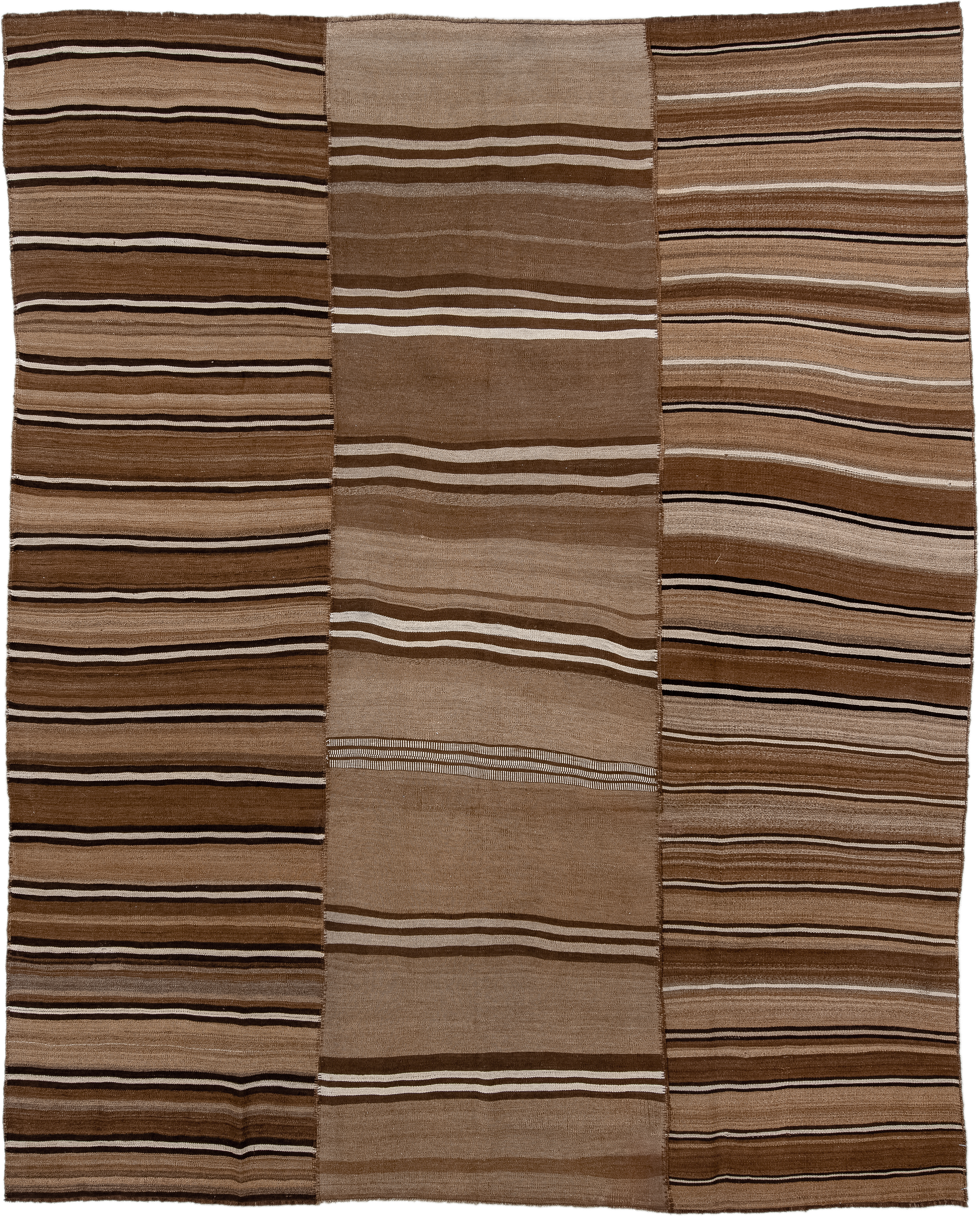 8' x 10' one-of-a-kind handmade vintage Kilim large size rug. Color palette: brown, taupe, camel, ivory, charcoal, beige