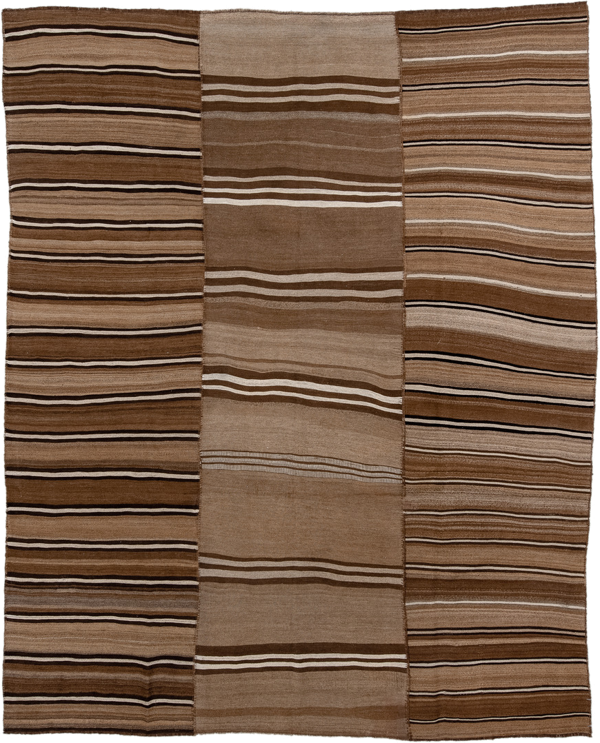 8' x 10' one-of-a-kind handmade vintage Kilim large size rug. Color palette: brown, taupe, camel, ivory, charcoal, beige
