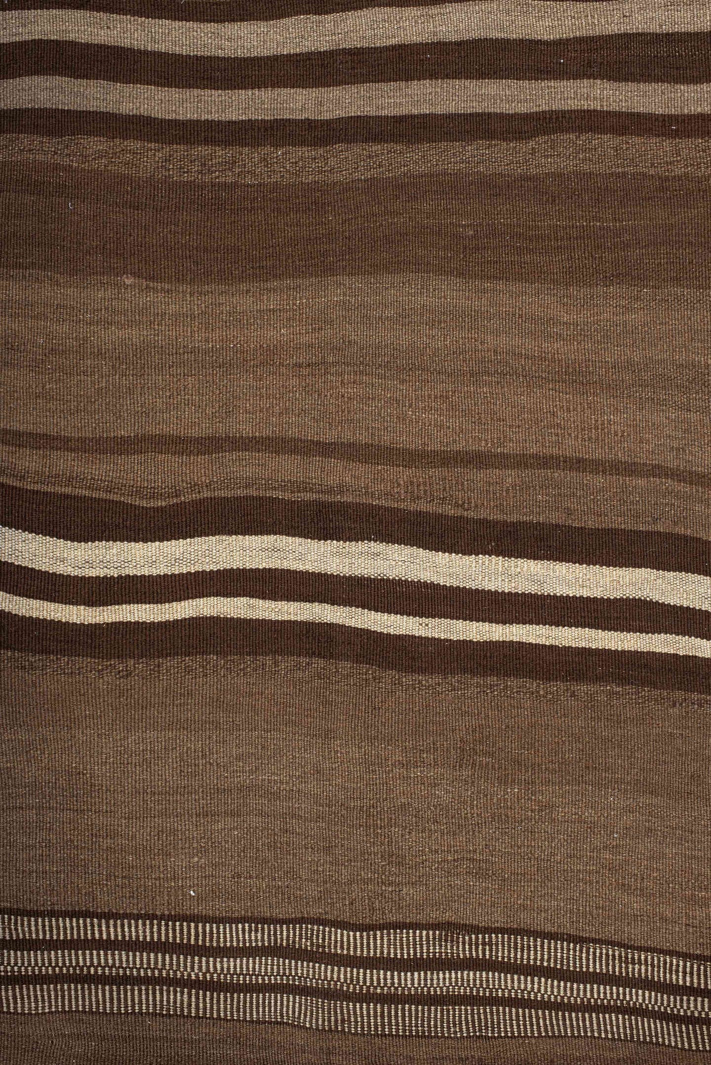 8' x 10' one-of-a-kind handmade vintage Kilim large size rug. Color palette: brown, taupe, camel, ivory, charcoal, beige