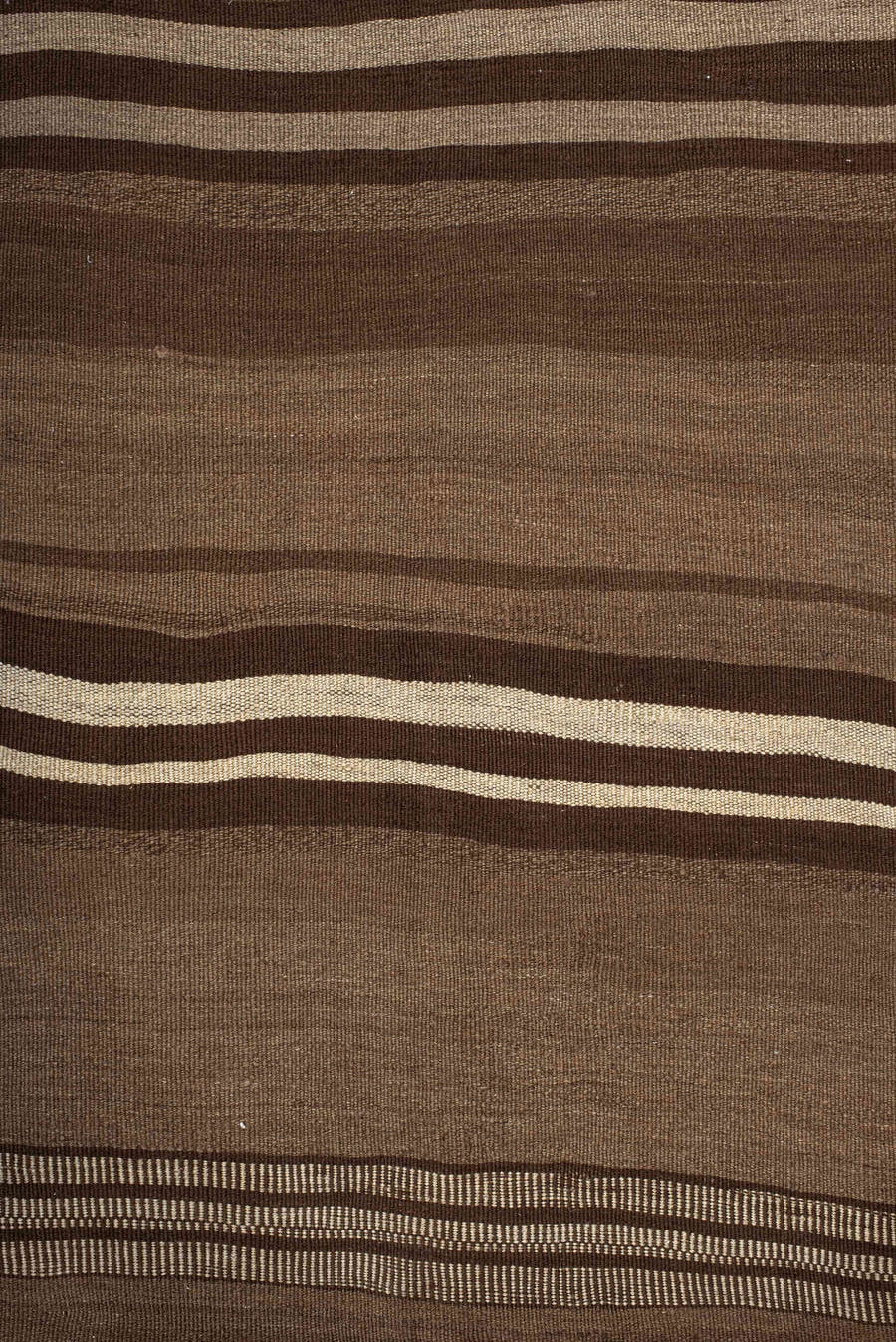 8' x 10' one-of-a-kind handmade vintage Kilim large size rug. Color palette: brown, taupe, camel, ivory, charcoal, beige
