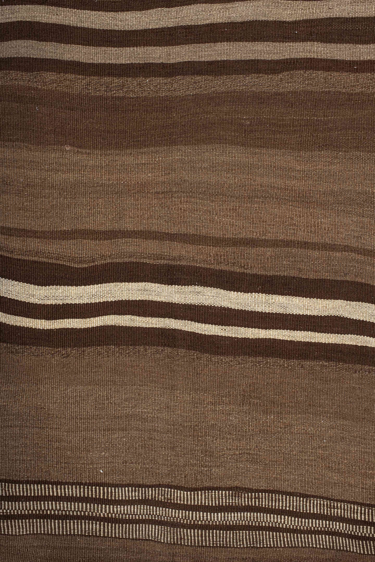 8' x 10' one-of-a-kind handmade vintage Kilim large size rug. Color palette: brown, taupe, camel, ivory, charcoal, beige