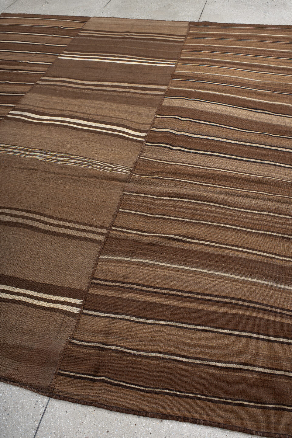 8' x 10' one-of-a-kind handmade vintage Kilim large size rug. Color palette: brown, taupe, camel, ivory, charcoal, beige