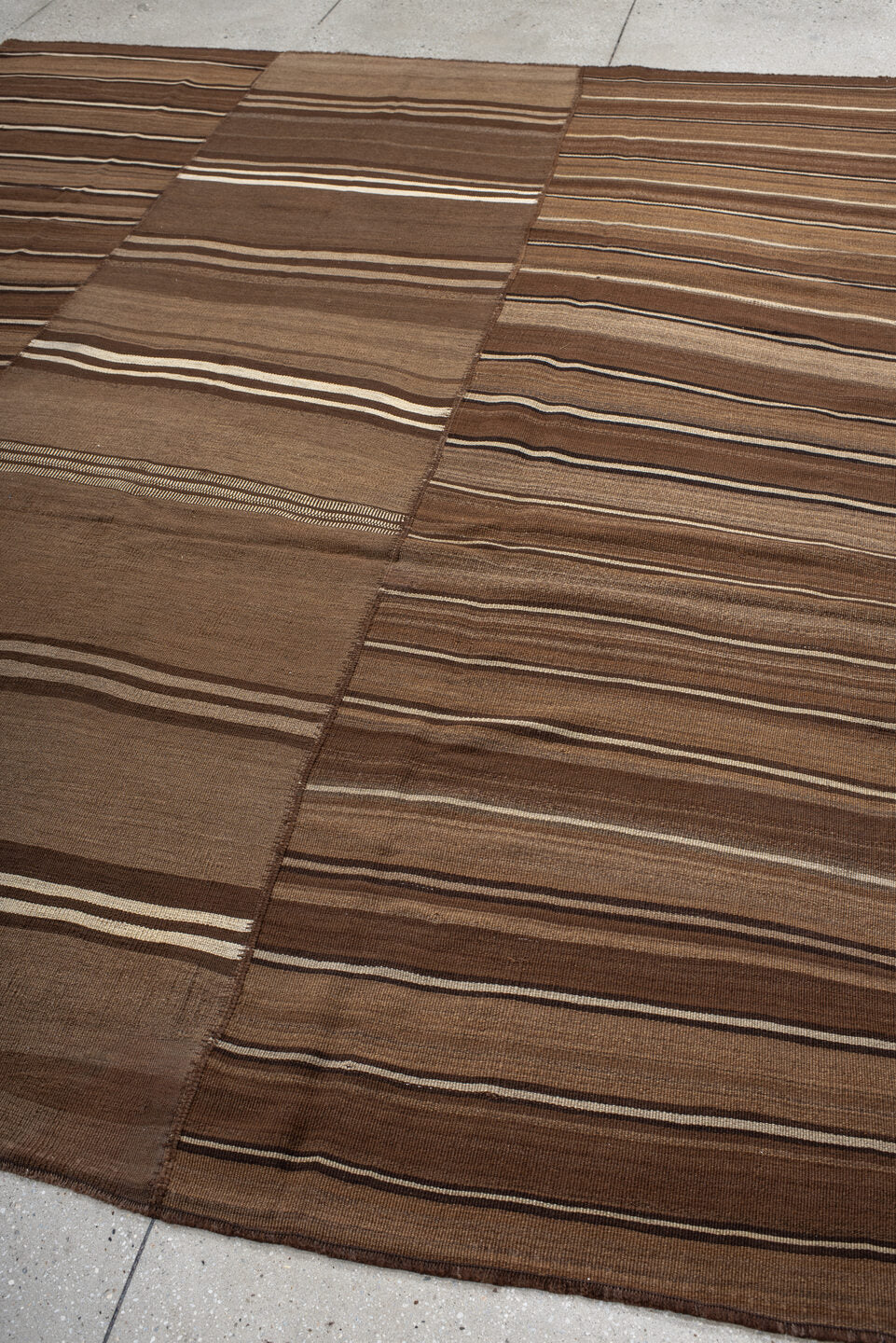 8' x 10' one-of-a-kind handmade vintage Kilim large size rug. Color palette: brown, taupe, camel, ivory, charcoal, beige