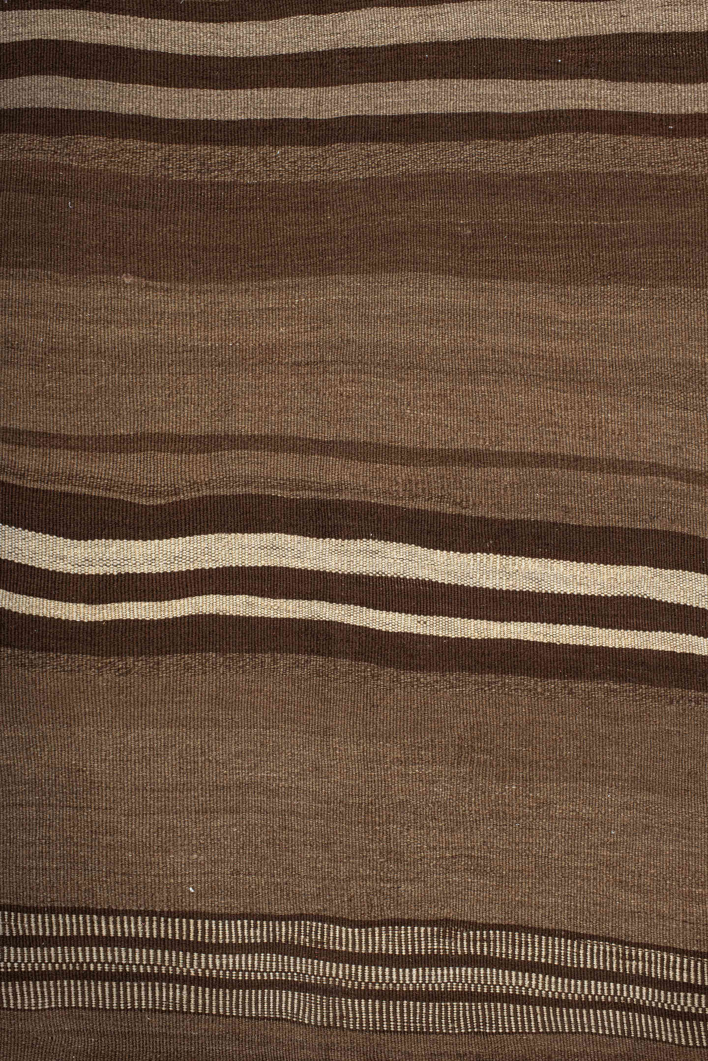 8' x 10' one-of-a-kind handmade vintage Kilim large size rug. Color palette: brown, taupe, camel, ivory, charcoal, beige