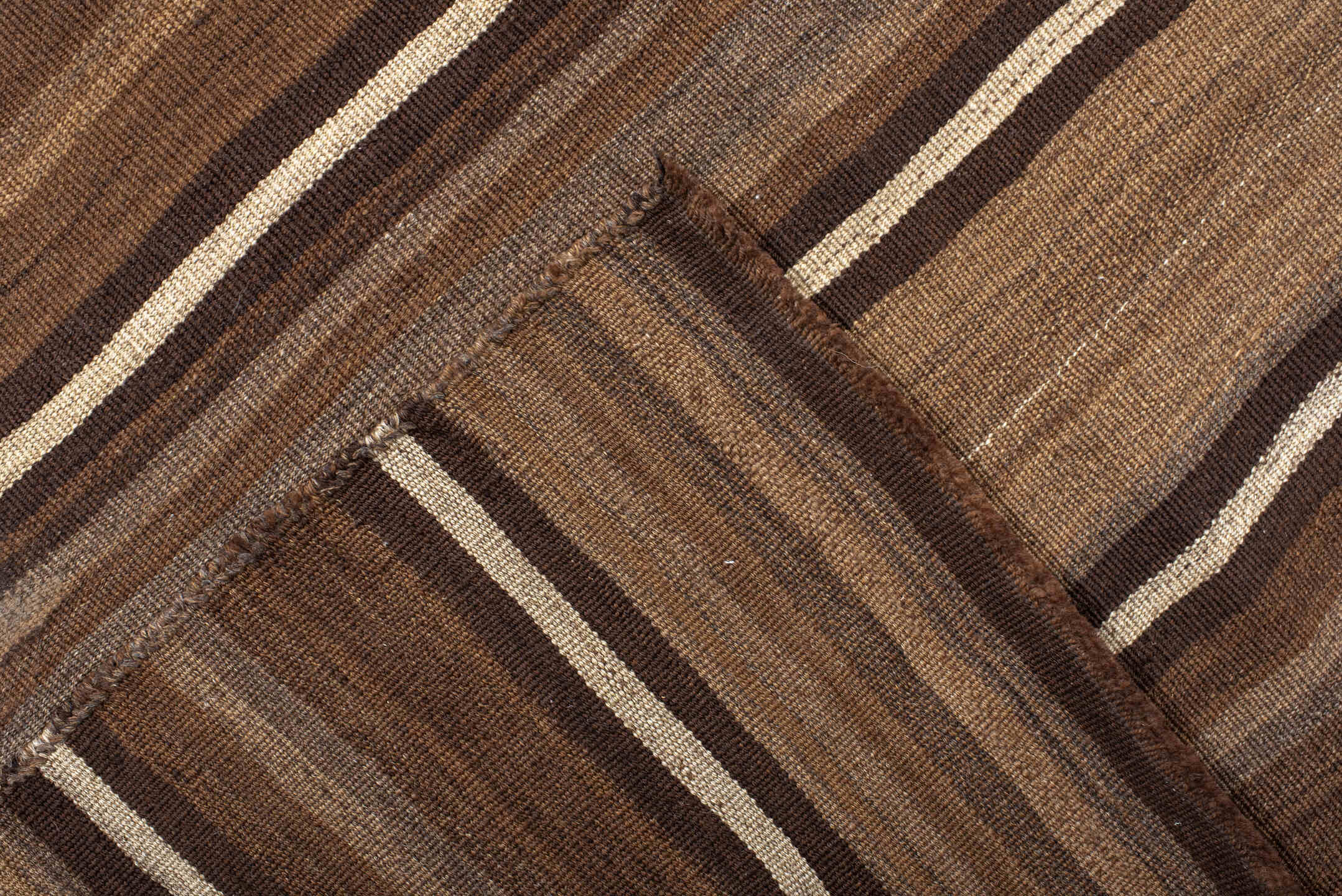 8' x 10' one-of-a-kind handmade vintage Kilim large size rug. Color palette: brown, taupe, camel, ivory, charcoal, beige