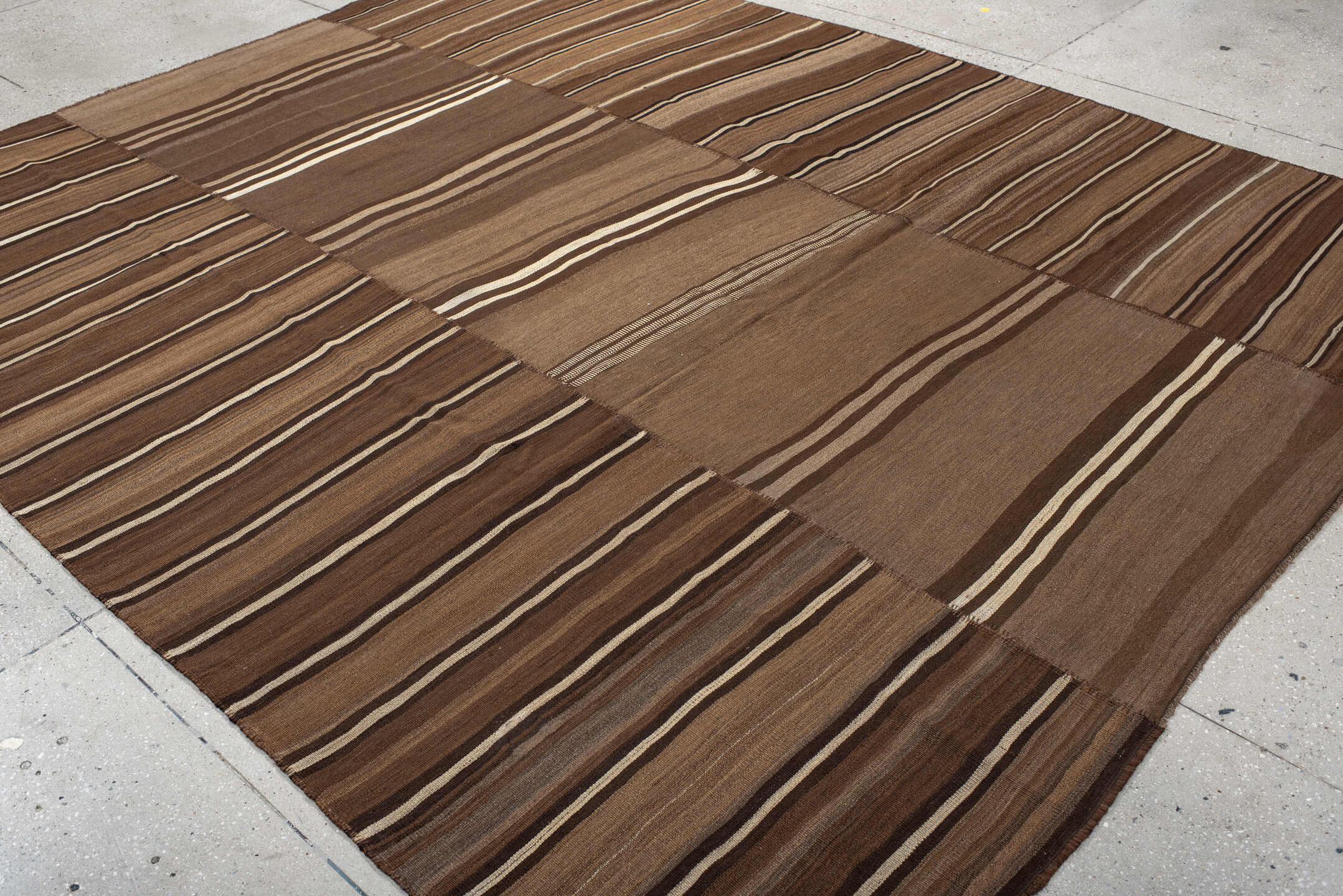 8' x 10' one-of-a-kind handmade vintage Kilim large size rug. Color palette: brown, taupe, camel, ivory, charcoal, beige