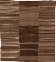 9' x 10' one-of-a-kind handmade vintage Kilim large size rug. Color palette: brown, taupe, camel, ivory, charcoal, beige