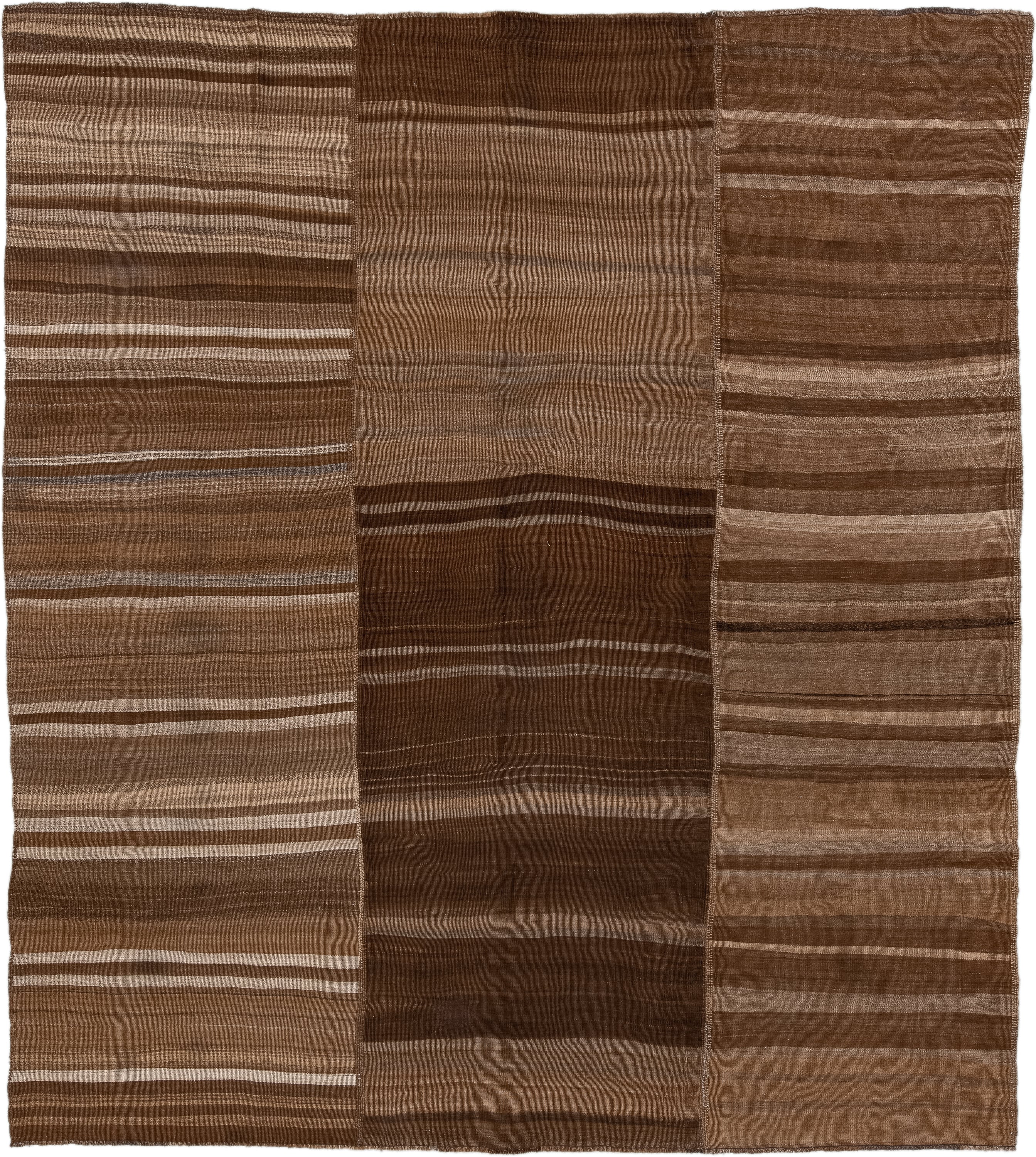 9' x 10' one-of-a-kind handmade vintage Kilim large size rug. Color palette: brown, taupe, camel, ivory, charcoal, beige