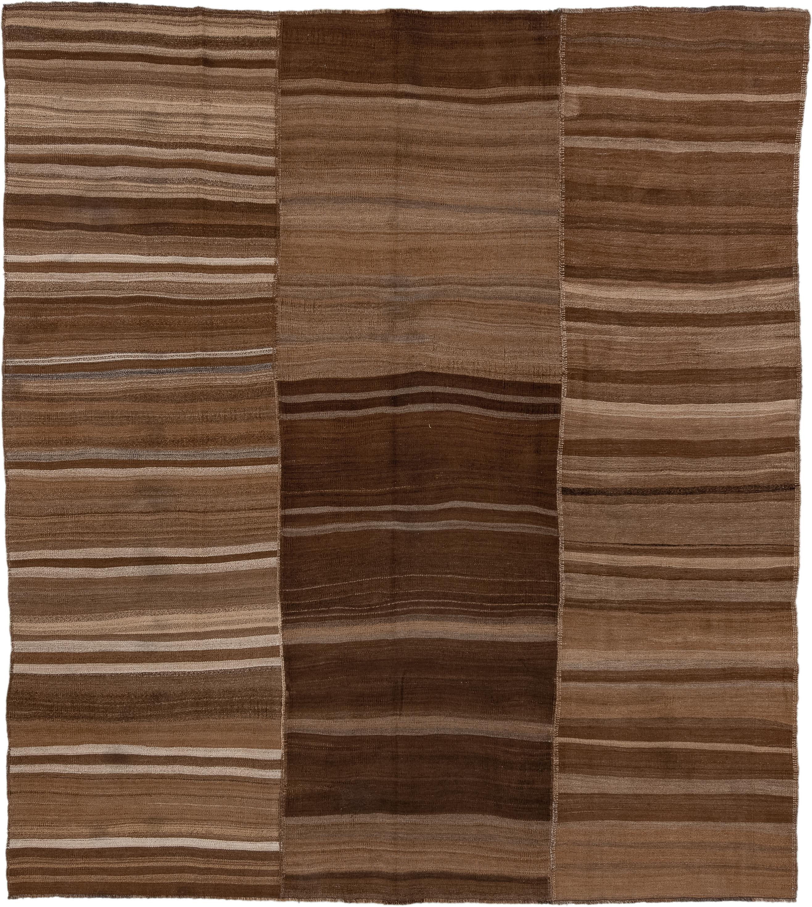 9' x 10' one-of-a-kind handmade vintage Kilim large size rug. Color palette: brown, taupe, camel, ivory, charcoal, beige