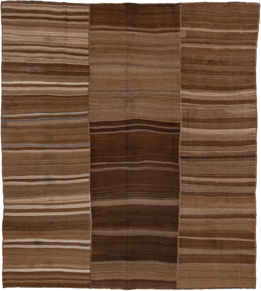 9' x 10' one-of-a-kind handmade vintage Kilim large size rug. Color palette: brown, taupe, camel, ivory, charcoal, beige