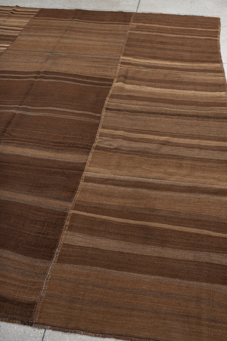 9' x 10' one-of-a-kind handmade vintage Kilim large size rug. Color palette: brown, taupe, camel, ivory, charcoal, beige