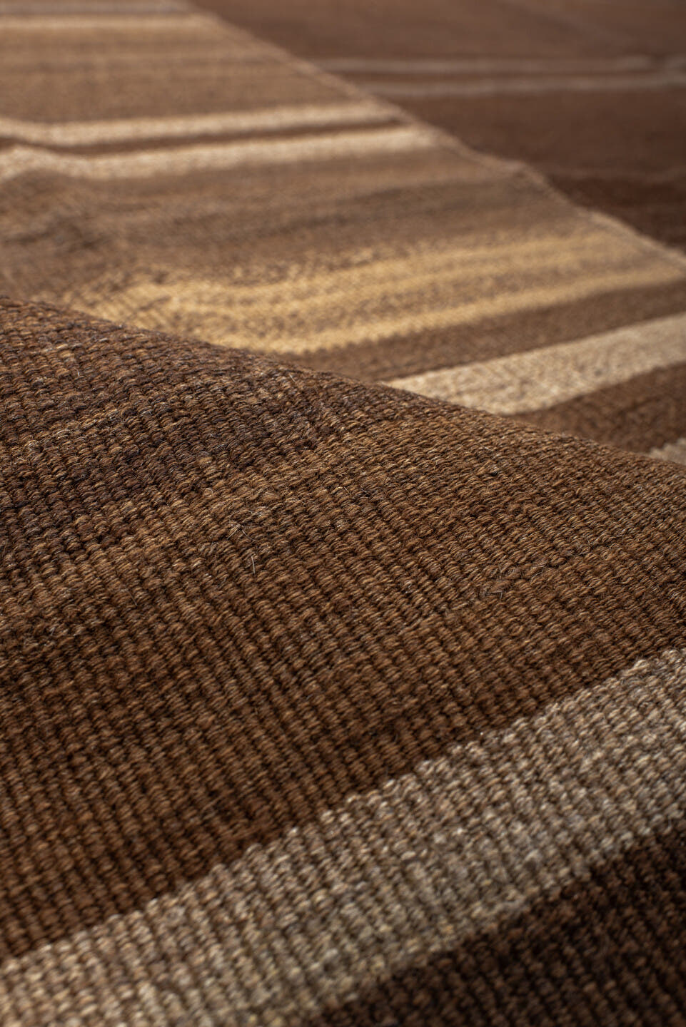 9' x 10' one-of-a-kind handmade vintage Kilim large size rug. Color palette: brown, taupe, camel, ivory, charcoal, beige