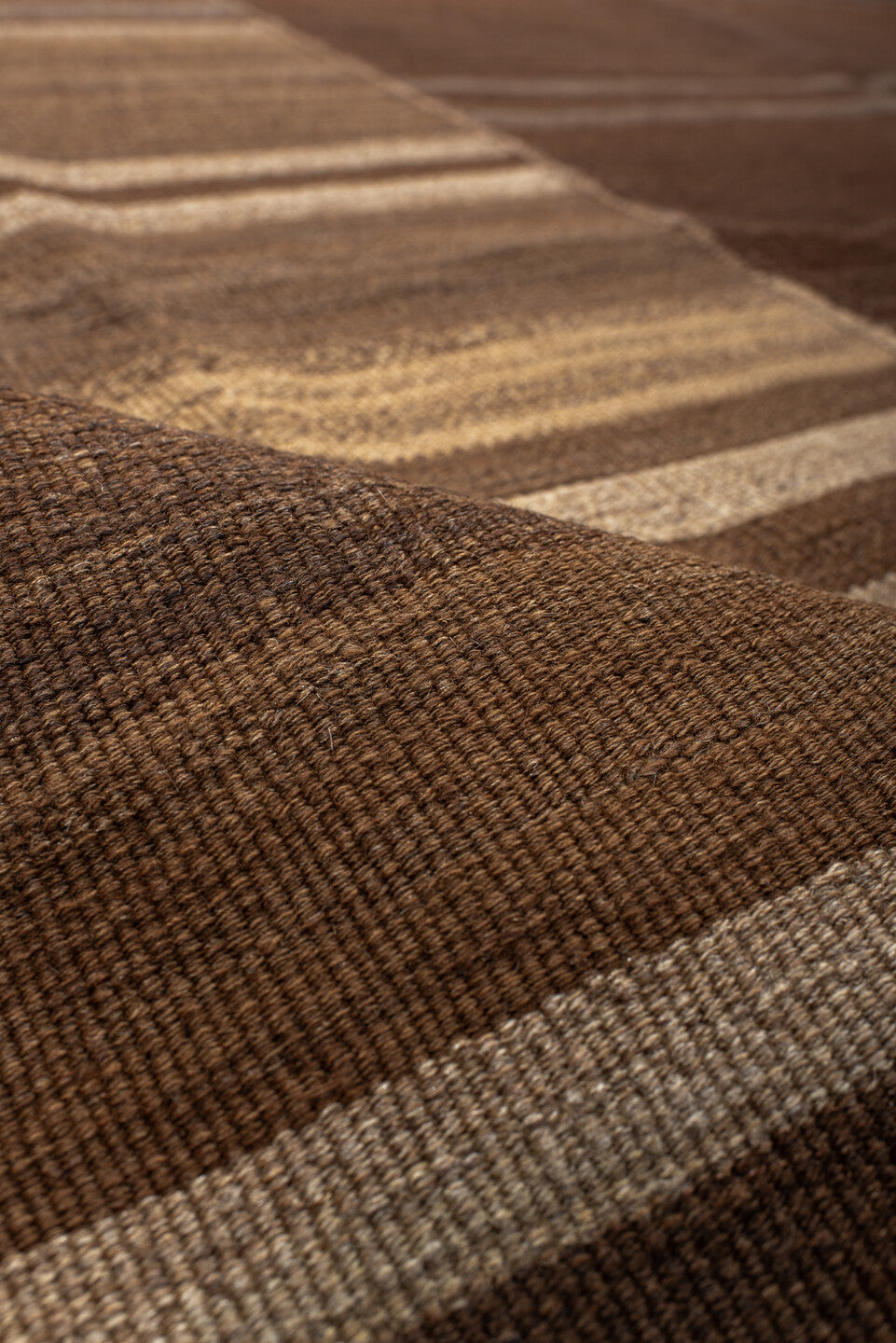9' x 10' one-of-a-kind handmade vintage Kilim large size rug. Color palette: brown, taupe, camel, ivory, charcoal, beige