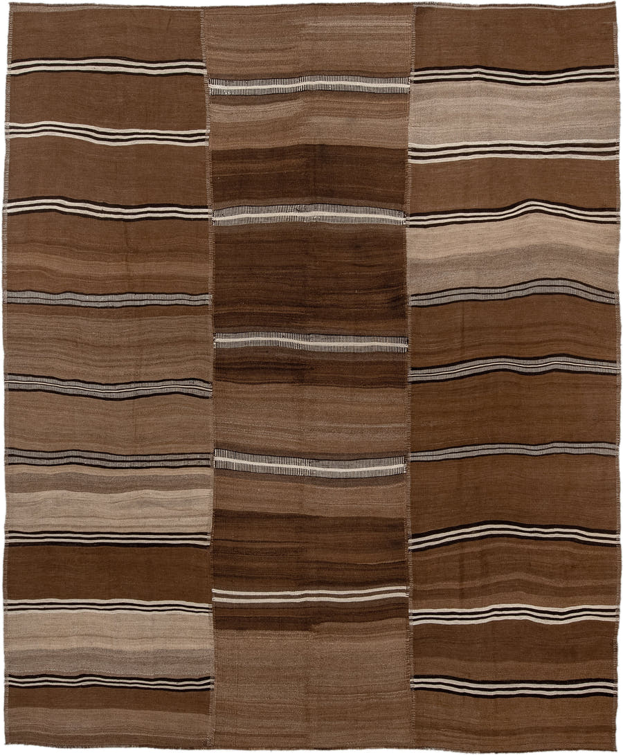 9' x 11' one-of-a-kind handmade vintage Kilim large size rug. Color palette: brown, taupe, camel, ivory, charcoal, beige